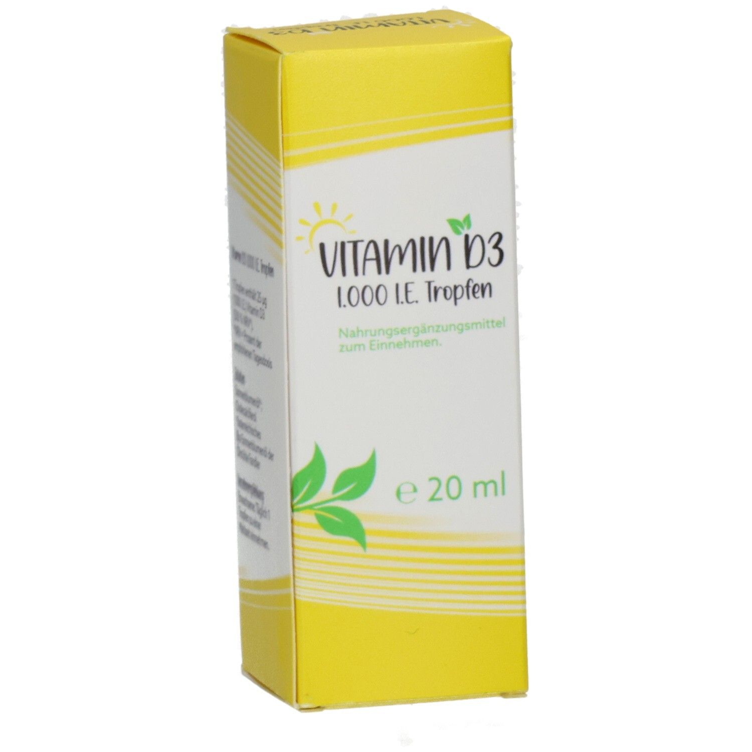 Gelbe Schachtel mit Vitamin D3 1000 I.E. Tropfen. Aufschrift: Vitamin D3, 20 ml. Grün-gelbes Design mit Blättern und Sonne.