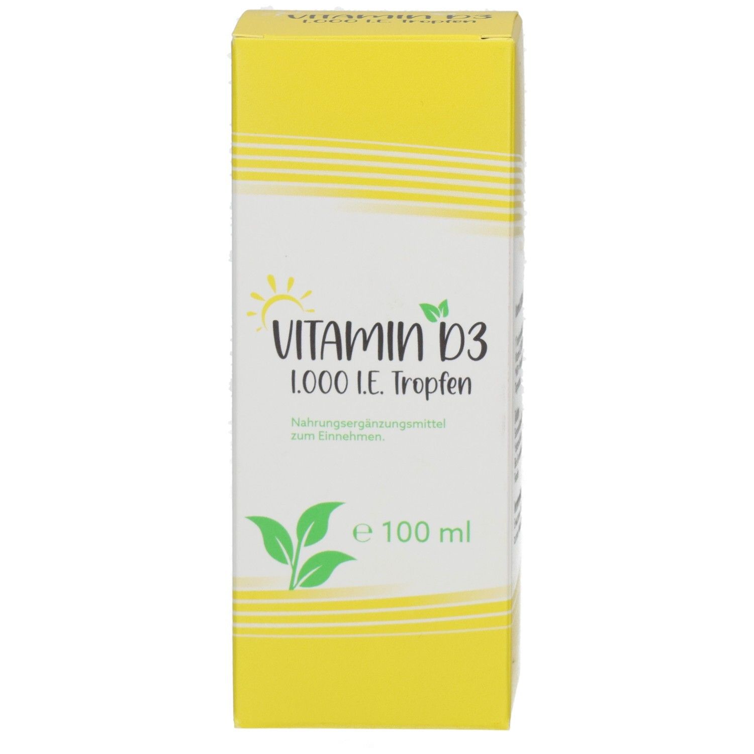 Gelbe Schachtel mit Aufschrift Vitamin D3 1.000 I.E. Tropfen. Enthält 100 ml. Grün-weiße Schrift.