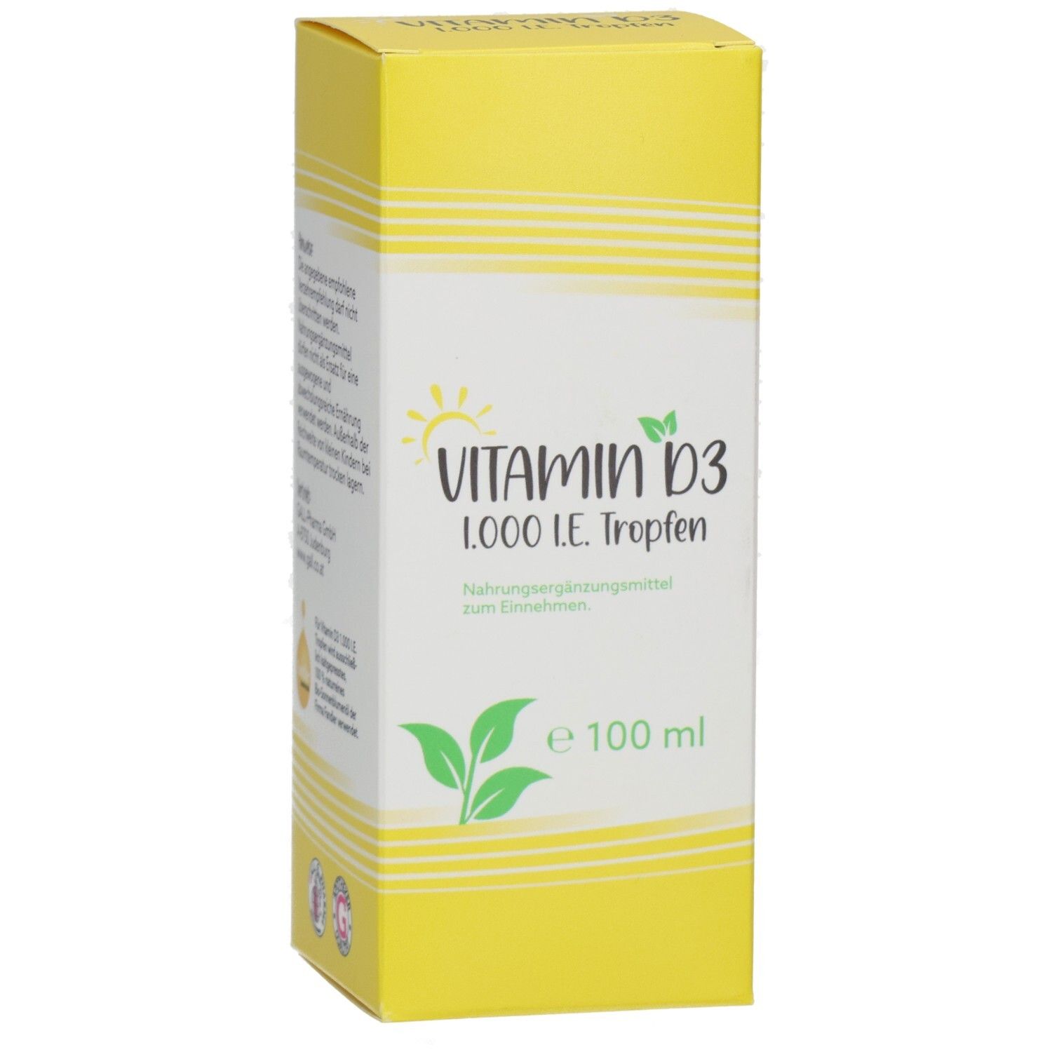 Gelbe Schachtel mit Aufschrift Vitamin D3 1.000 I.E. Tropfen. Enthält 100 ml. Grün-weiße Schrift.