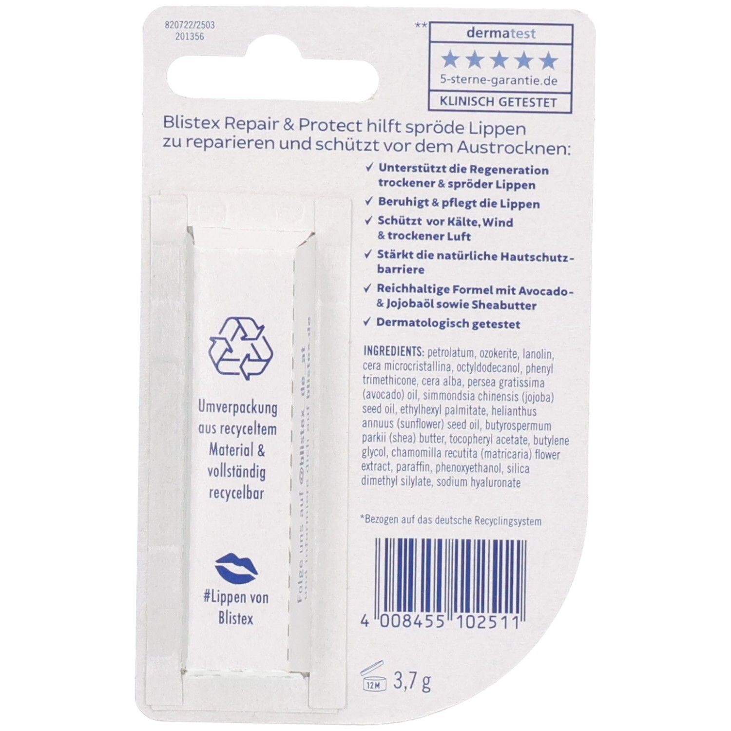 Rückseite Blistex Repair & Protect Lippenpflegestift. Inhaltsstoffe und Anwendungshinweise.