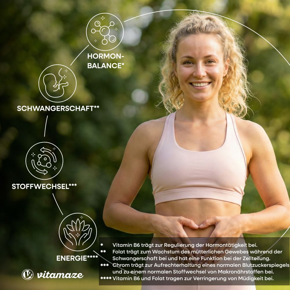 Frau im Sport-Outfit. Text: Hormon-Balance, Schwangerschaft, Stoffwechsel, Energie. Marke: Vitamaze.