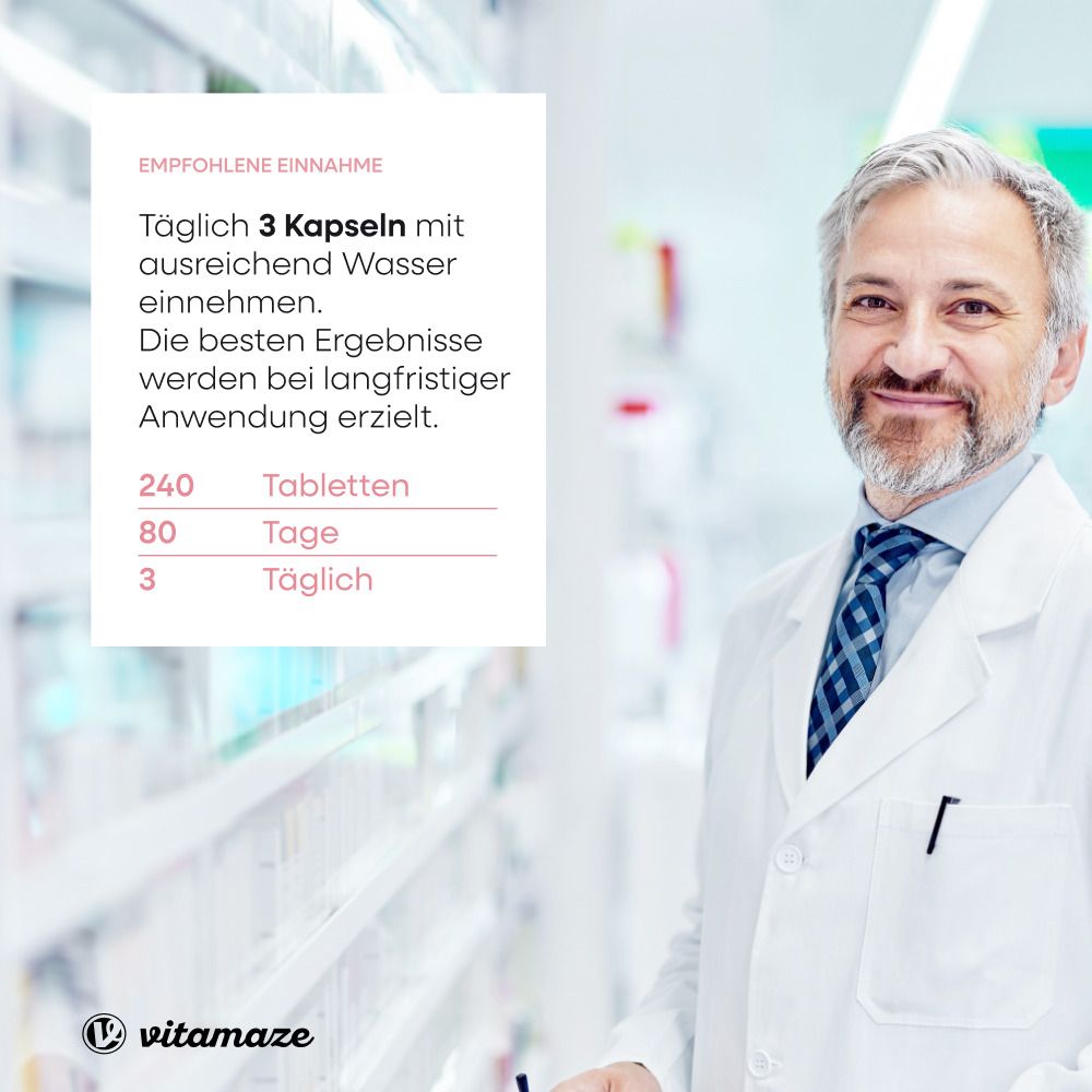 Arzt in Apotheke. Text: Täglich 3 Kapseln mit Wasser einnehmen. 240 Tabletten, 80 Tage, 3 täglich. Marke: Vitamaze.