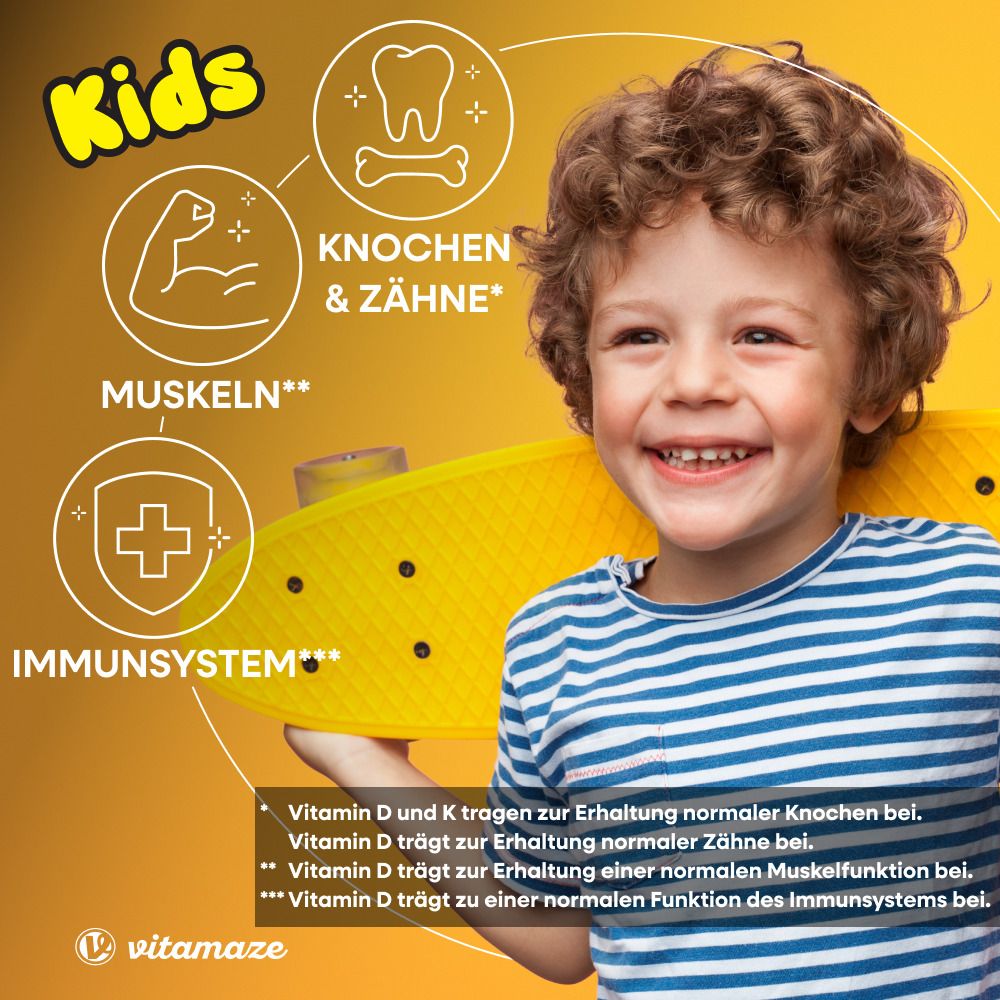 Kind mit Skateboard. Icons: Muskeln, Knochen & Zähne, Immunsystem. Text: Vitamin D und K tragen zur Erhaltung normaler Knochen bei.