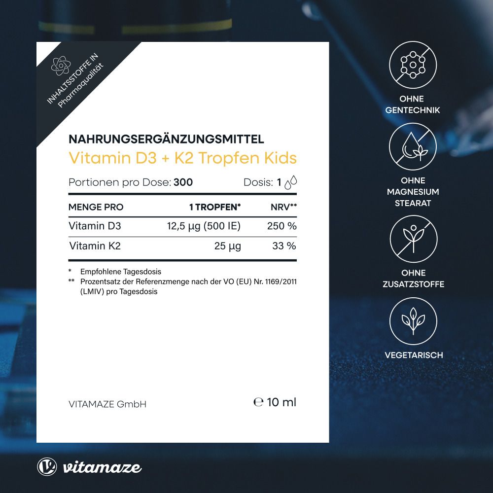 Nahrungsergänzungsmittel Vitamin D3 + K2 Tropfen Kids. 1 Tropfen: 12,5 µg Vitamin D3 (500 IE), 25 µg Vitamin K2. 10 ml.