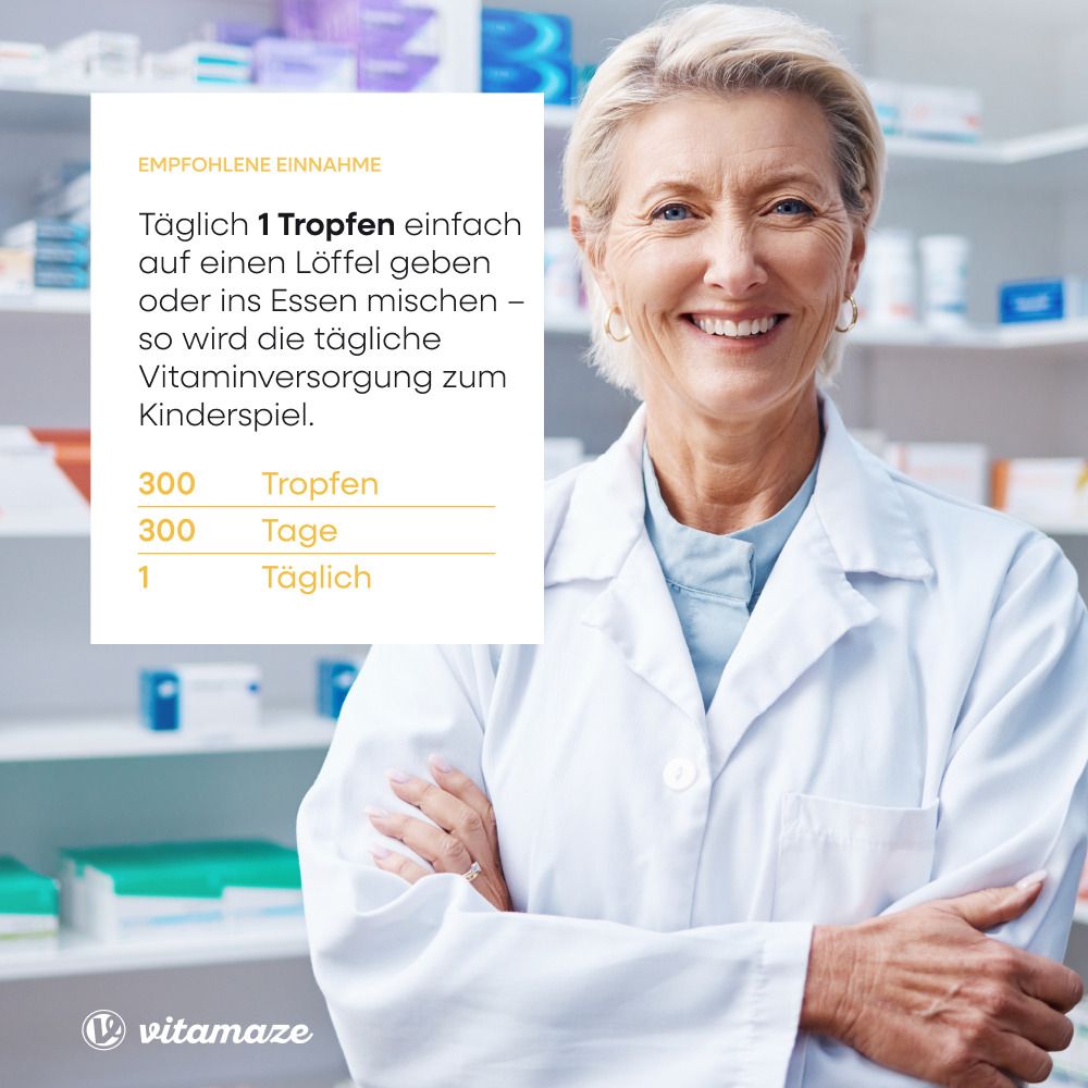 Frau im weißen Kittel. Text: Täglich 1 Tropfen auf einen Löffel geben oder ins Essen mischen. 300 Tropfen, 300 Tage, 1 täglich.