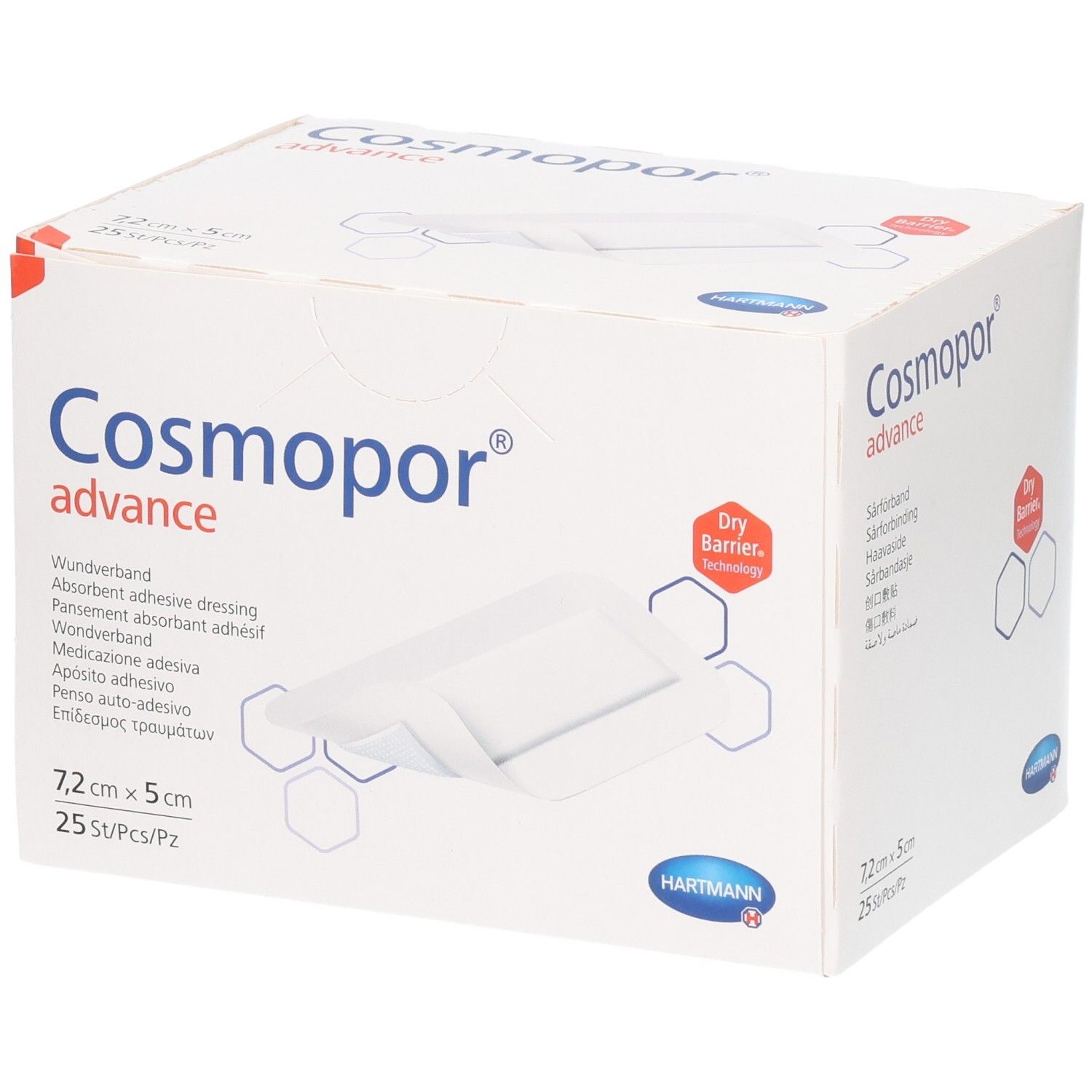 Verpackung Cosmopor Advance Wundverband, 7,2 x 5 cm, 25 Stück. Mit Dry Barrier Technologie.