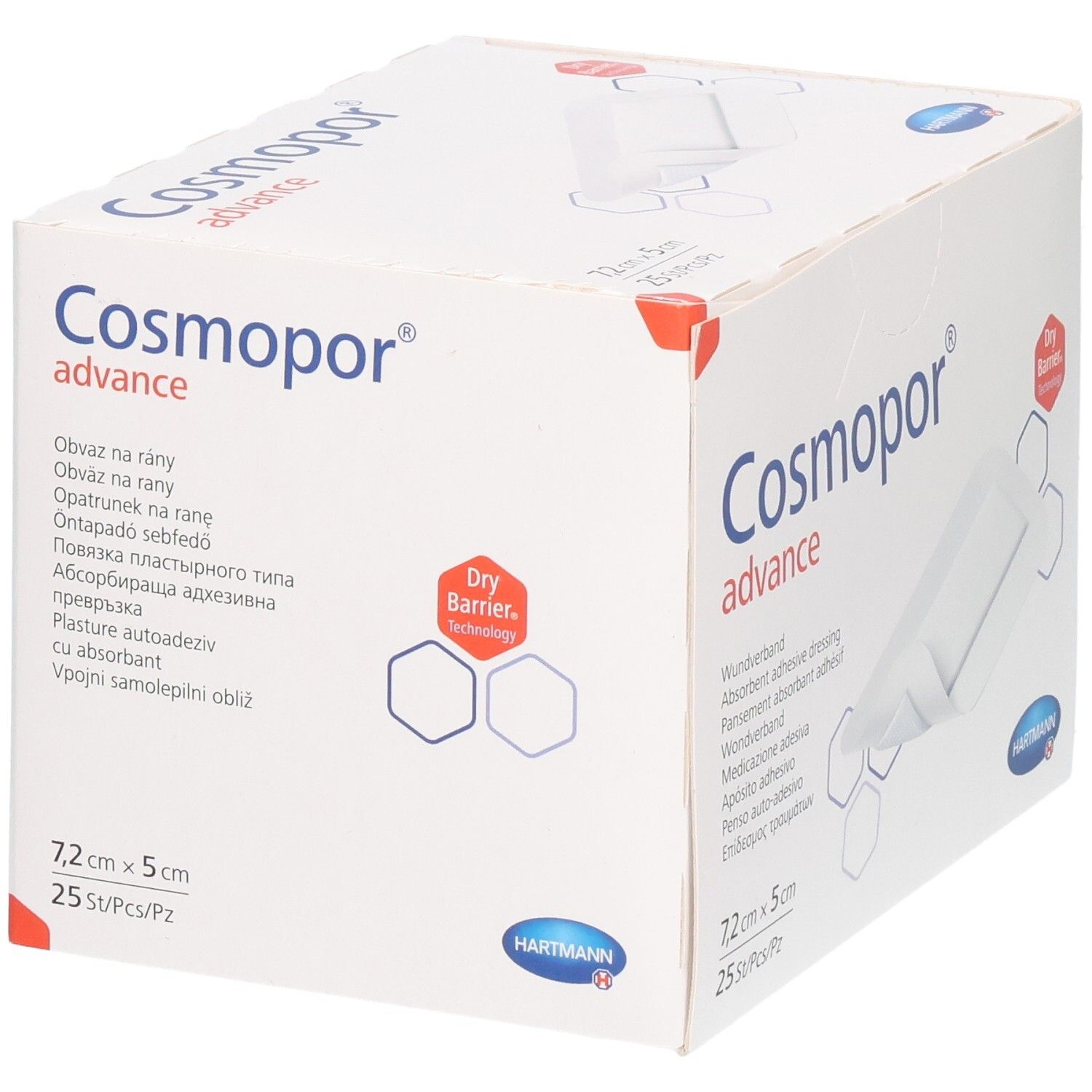 Verpackung Cosmopor Advance Wundverband, 7,2 x 5 cm, 25 Stück. Mit Dry Barrier Technologie.