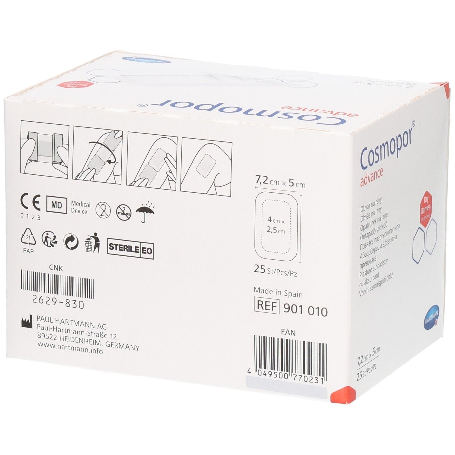 Rückseite Verpackung Cosmopor Advance Wundverband. CE, MD, Steril EO. Made in Spain. REF 901 010.