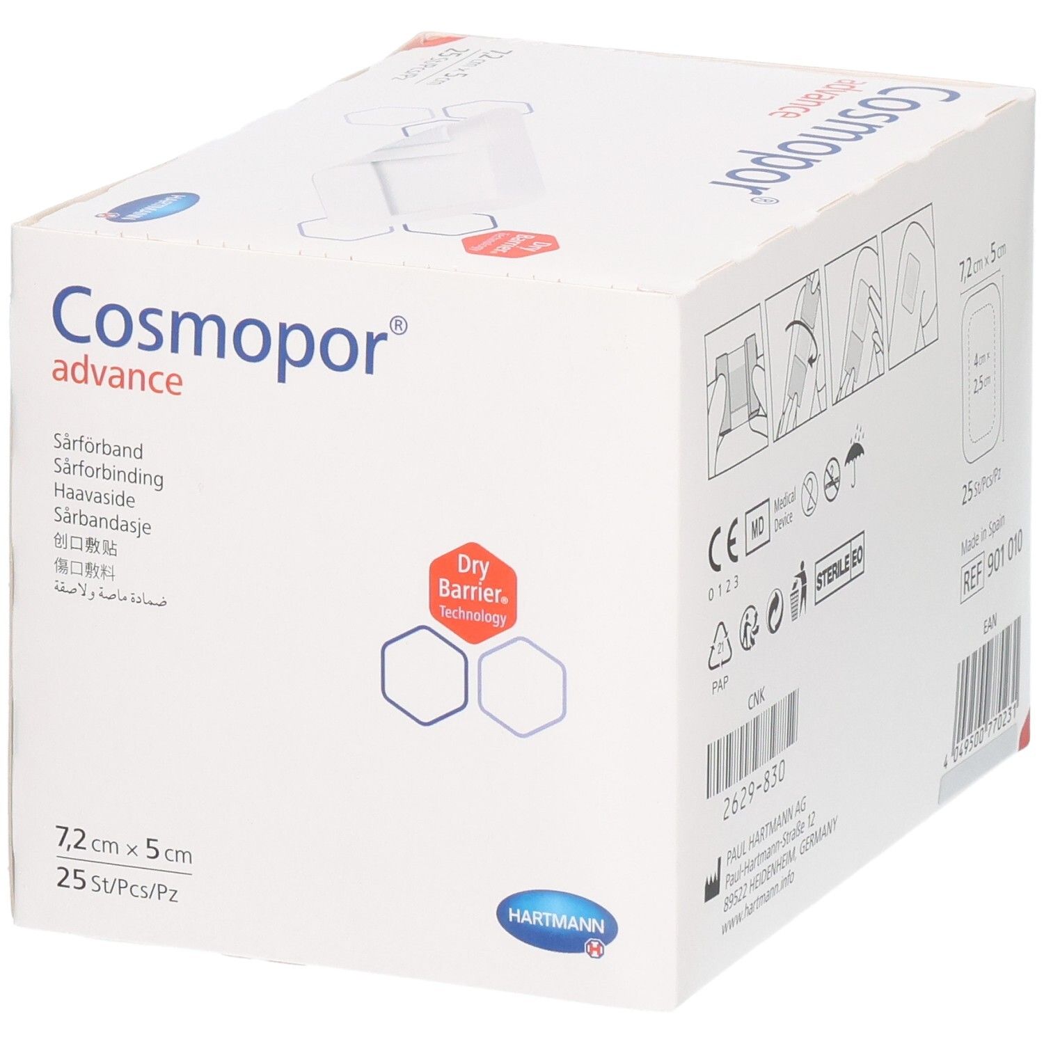 Verpackung Cosmopor Advance Wundverband, 7,2 x 5 cm, 25 Stück. Mit Dry Barrier Technologie.