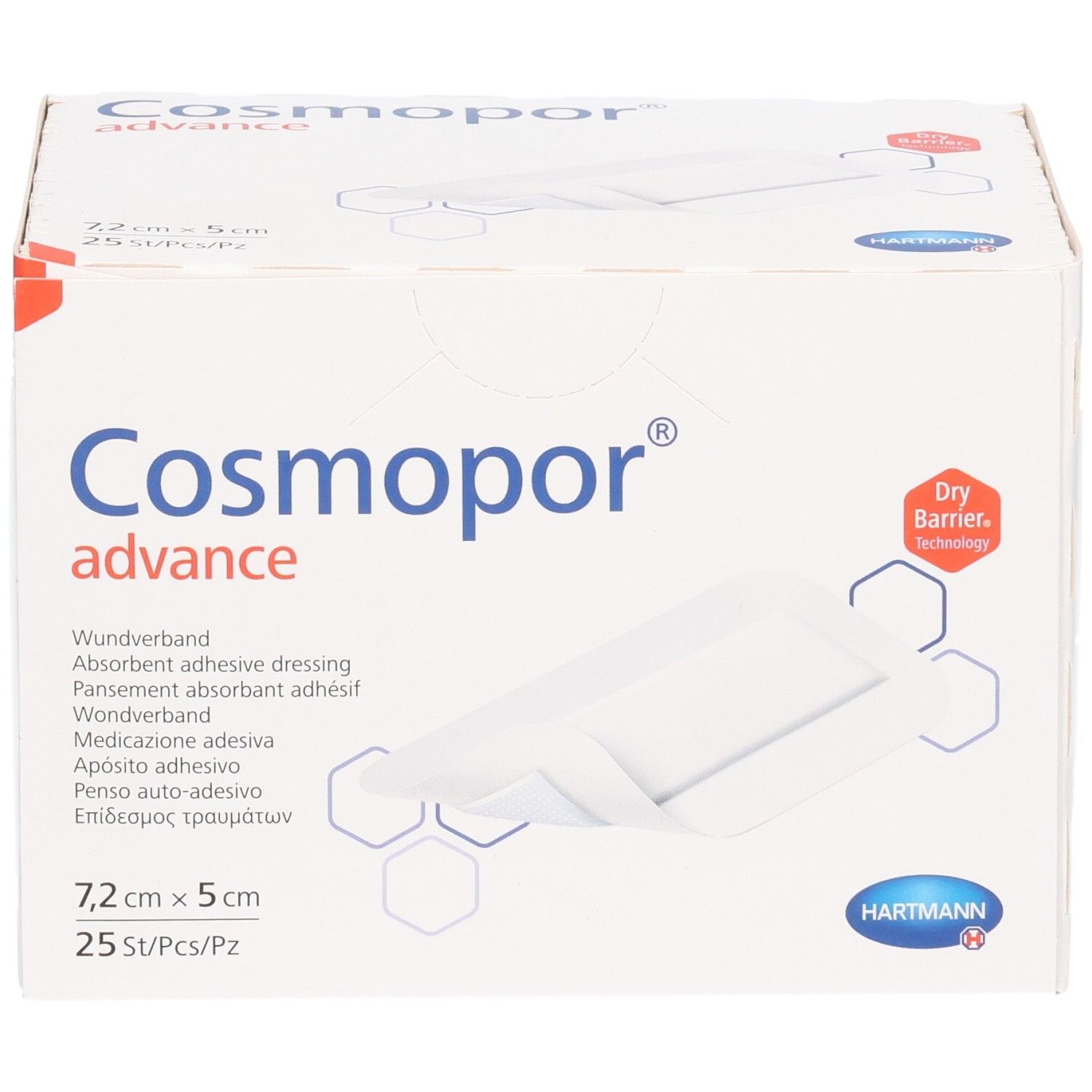Verpackung Cosmopor Advance Wundverband, 7,2 x 5 cm, 25 Stück. Mit Dry Barrier Technologie.