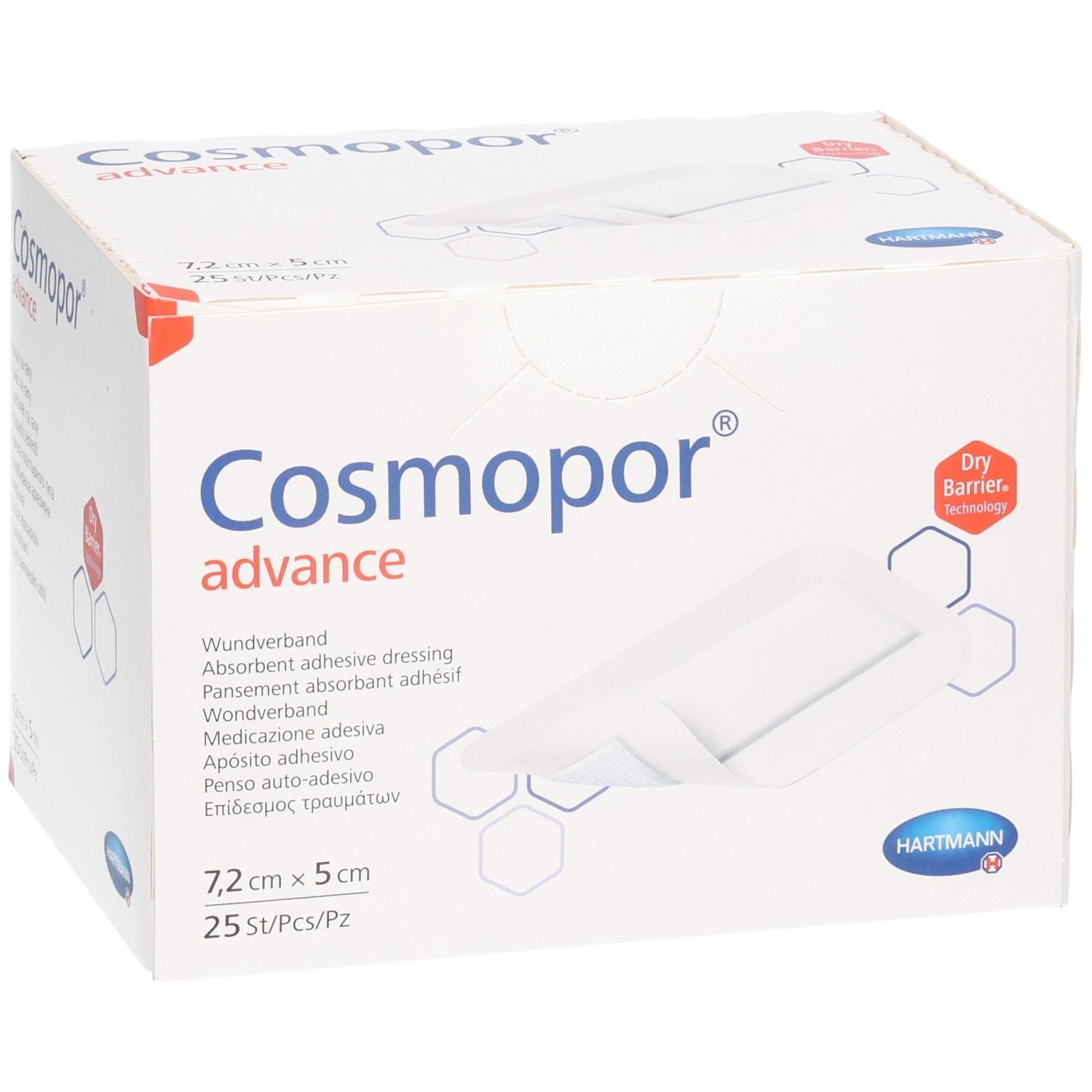 Verpackung Cosmopor Advance Wundverband, 7,2 x 5 cm, 25 Stück. Mit Dry Barrier Technologie.