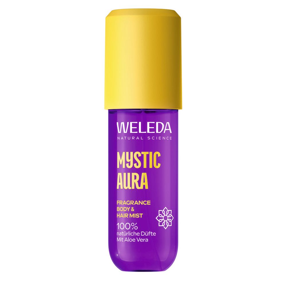 Lila Flasche mit gelbem Deckel. Aufschrift: WELEDA, MYSTIC AURA, Fragrance Body & Hair Mist. Mit Aloe Vera.