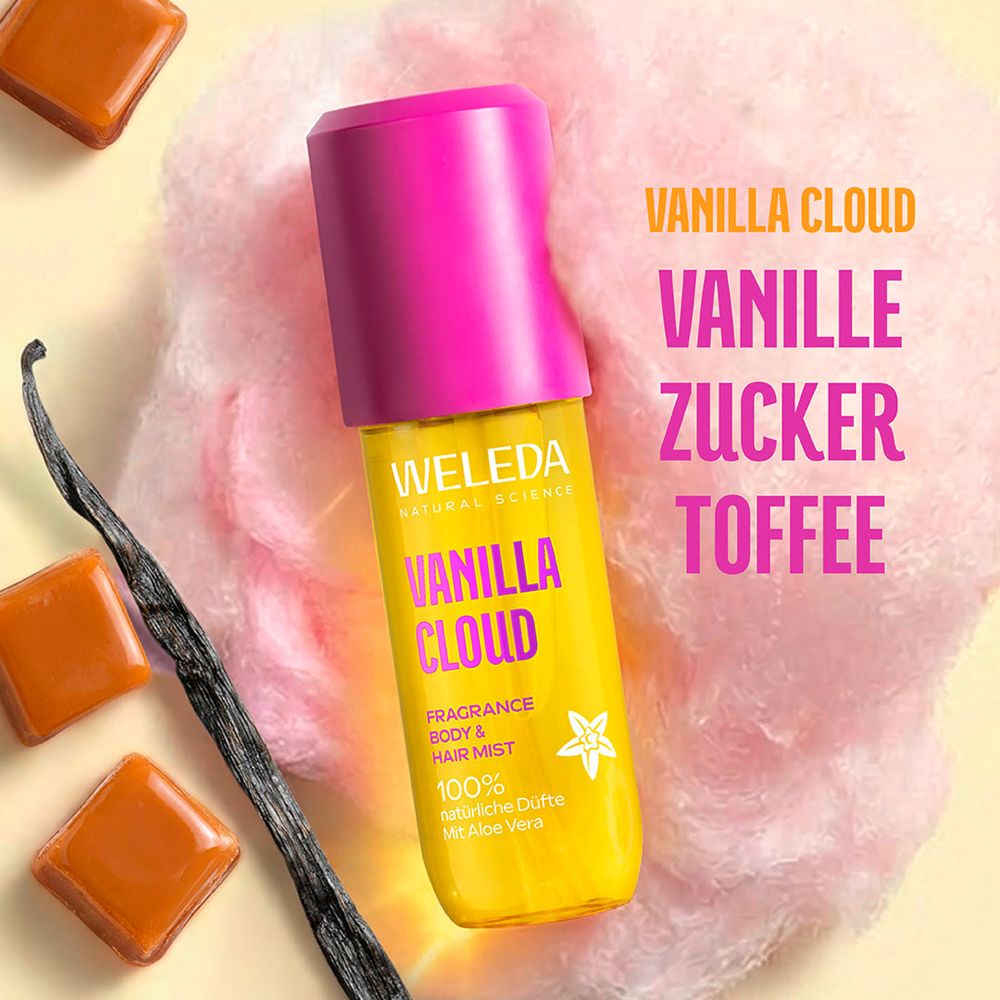 Weleda Vanilla Cloud Body & Hair Mist. Produkt neben Zuckerwatte, Karamellbonbons und Vanilleschote. Text.