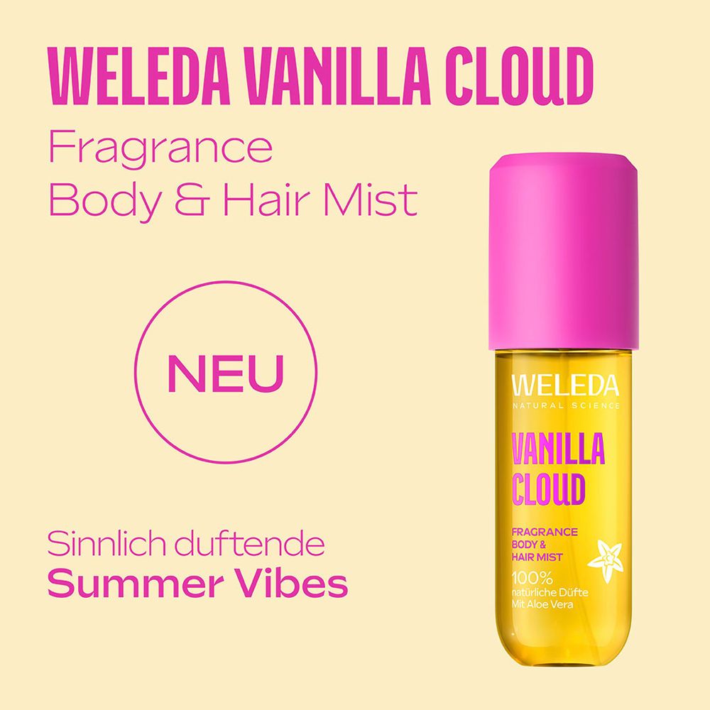 Weleda Vanilla Cloud Body & Hair Mist. Produkt mit Text und dem Wort „NEU“. Hintergrund: gelb.