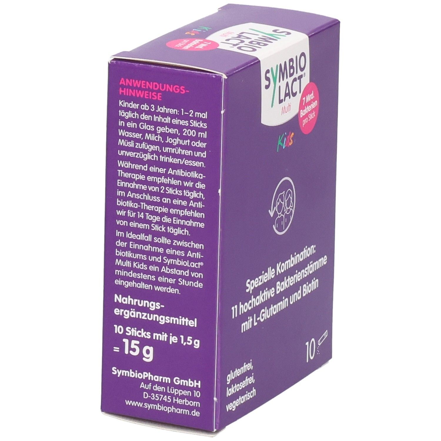 Lila Schachtel mit SYMBIOLACT Multi Kids. Rückseite mit Anwendungshinweisen und Nährwertangaben. 10 Sticks mit 1,5 g.