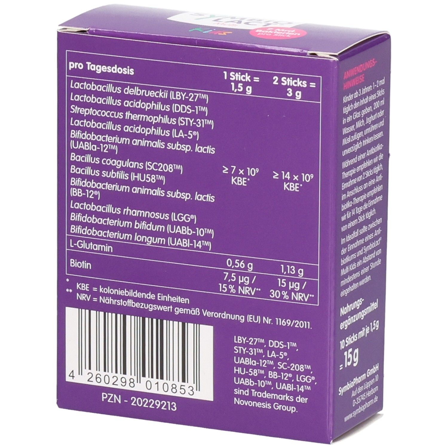 Lila Schachtel mit SYMBIOLACT Multi Kids. Detailansicht der Rückseite mit Nährwerttabelle und Inhaltsstoffen. Barcode.