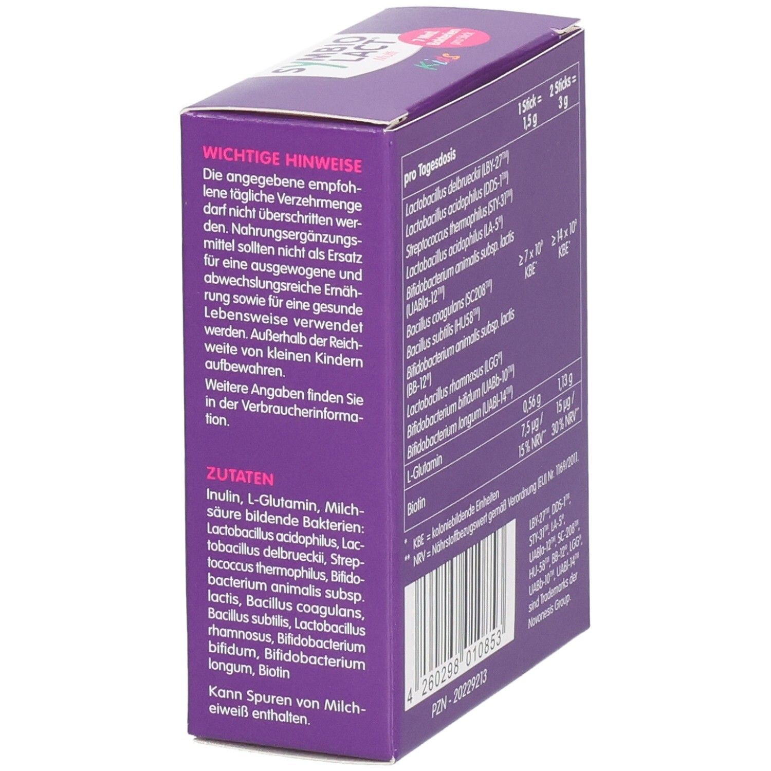 Lila Schachtel SYMBIOLACT Multi Kids. Detailansicht der Rückseite mit Inhaltsstoffen und wichtigen Hinweisen. Text.