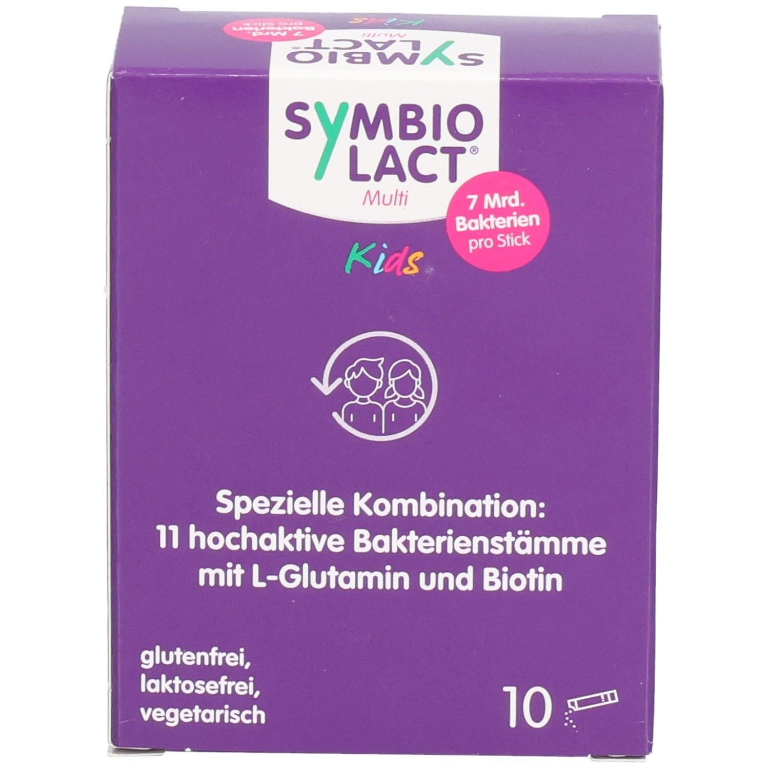 Lila Schachtel SYMBIOLACT Multi Kids. Vorderseite mit Produktnamen, Logo und Angaben zu Inhaltsstoffen. 10 Sticks.