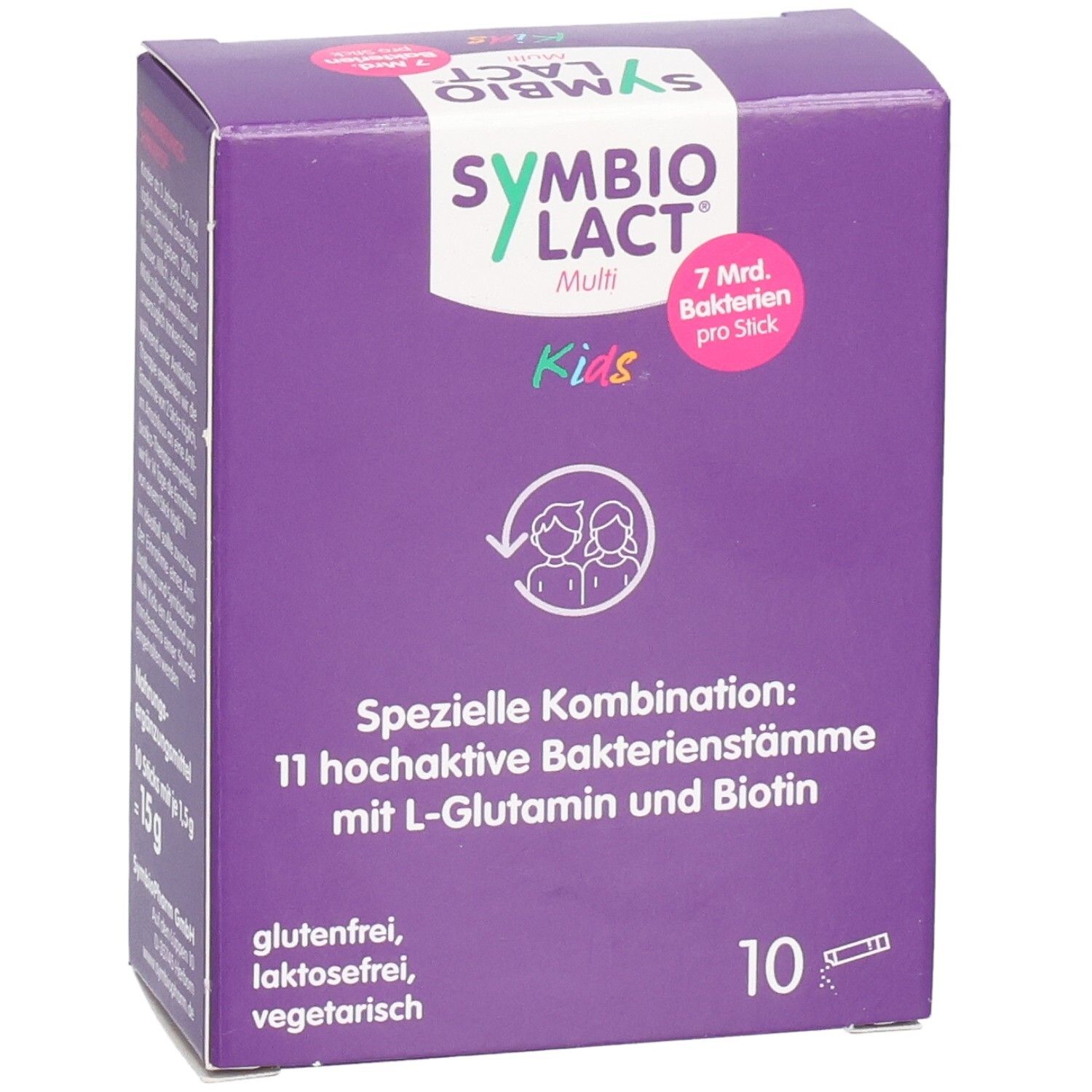 Lila Schachtel SYMBIOLACT Multi Kids. Vorderseite mit Produktnamen, Logo und Angaben zu Inhaltsstoffen. 10 Sticks.