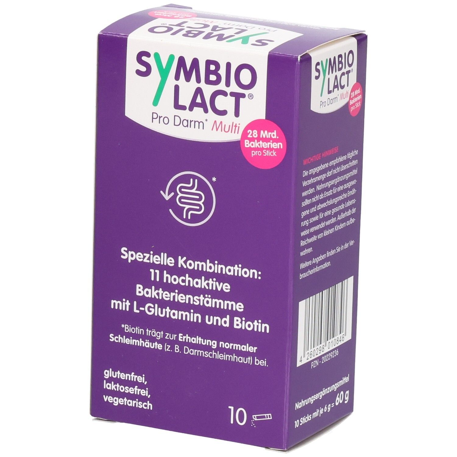 Lila Karton mit SYMBIOLACT Pro Darm Multi. Enthält 10 Sticks. Text: Spezielle Kombination: 11 hochaktive Bakterienstämme mit L-Glutamin und Biotin.