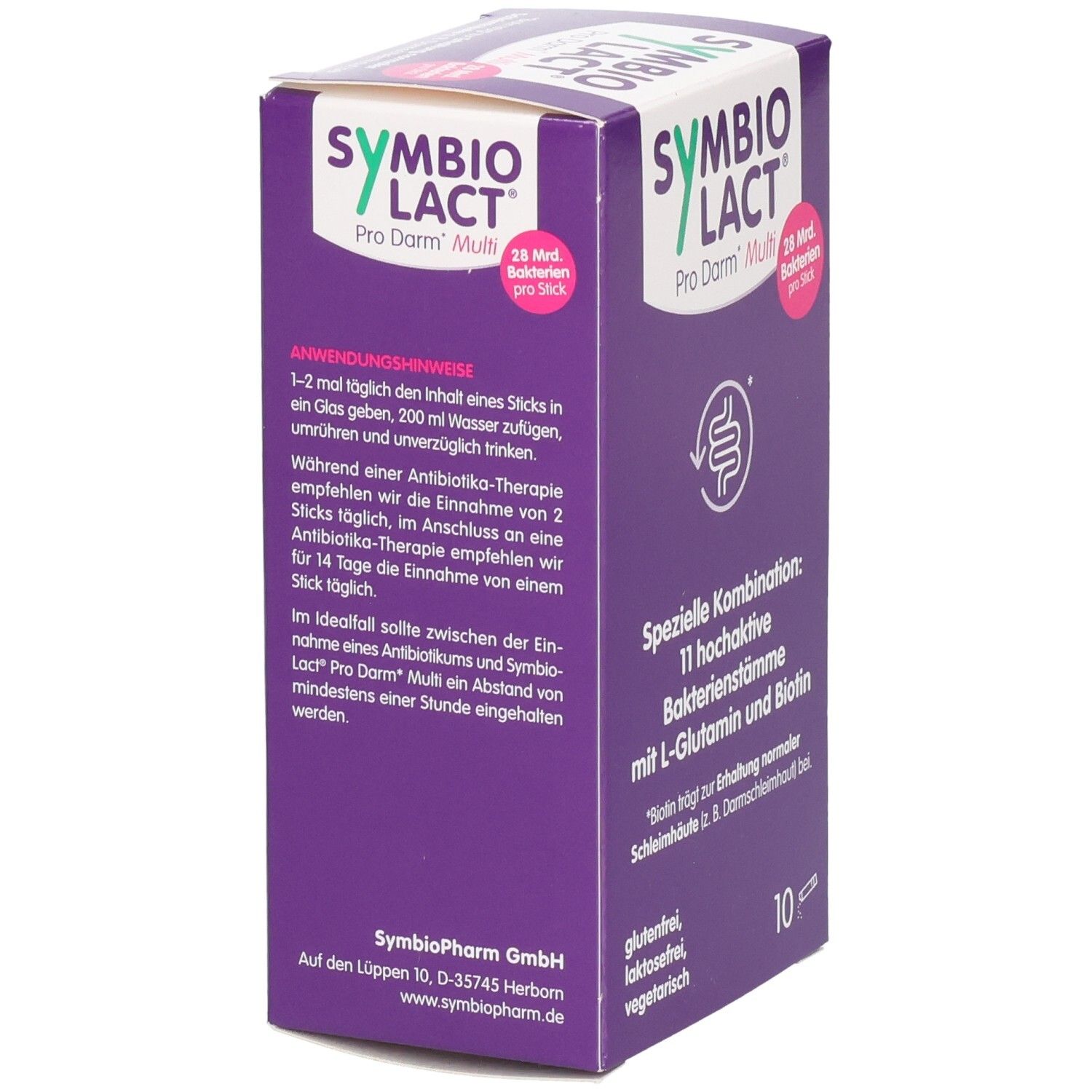 Lila Karton mit SYMBIOLACT Pro Darm Multi. Text: Anwendungshinweise. 1-2 Sticks in 200 ml Wasser auflösen. Enthält 10 Sticks.