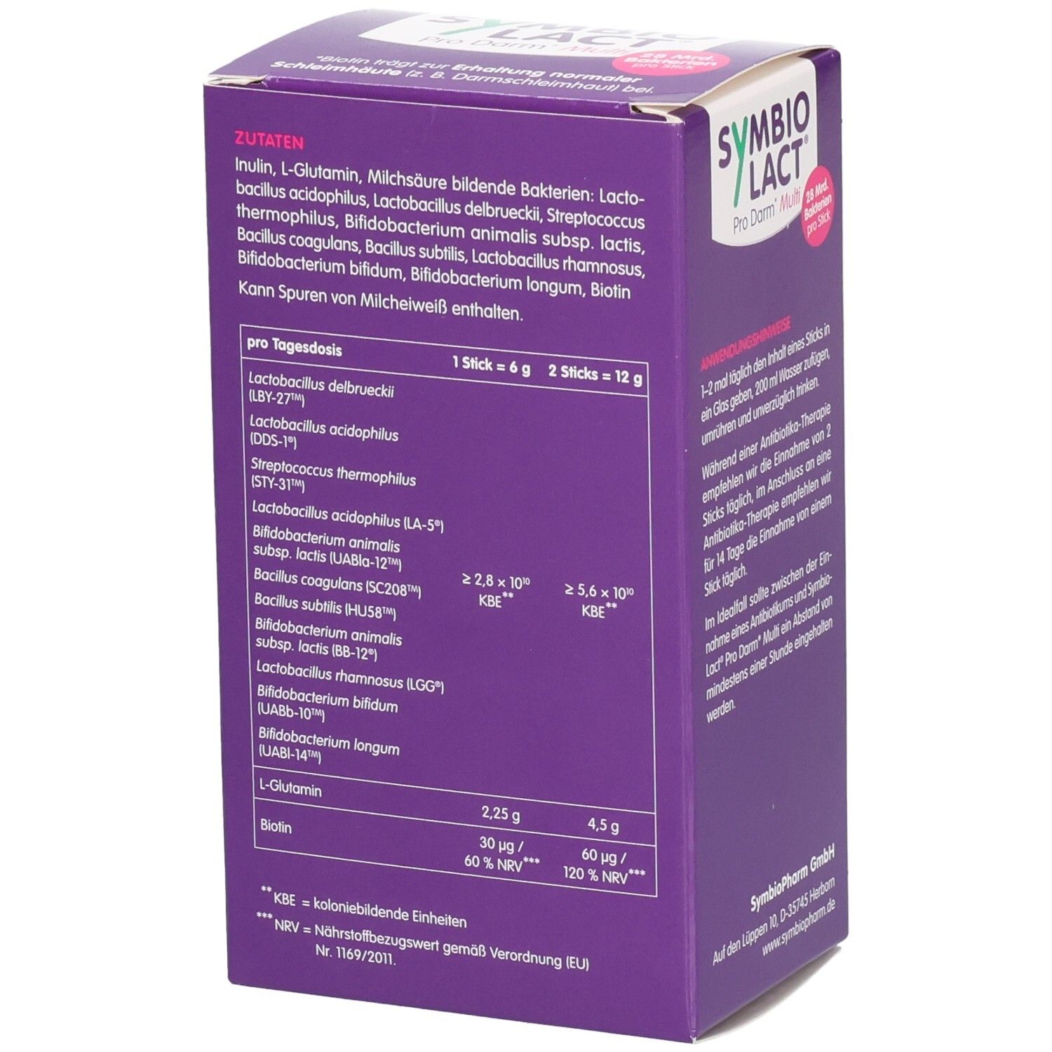 Lila Karton mit SYMBIOLACT Pro Darm Multi. Text: Zutaten, Inhaltsstoffe. Enthält 10 Sticks. Nährwertangaben pro Stick und pro Tagesdosis.