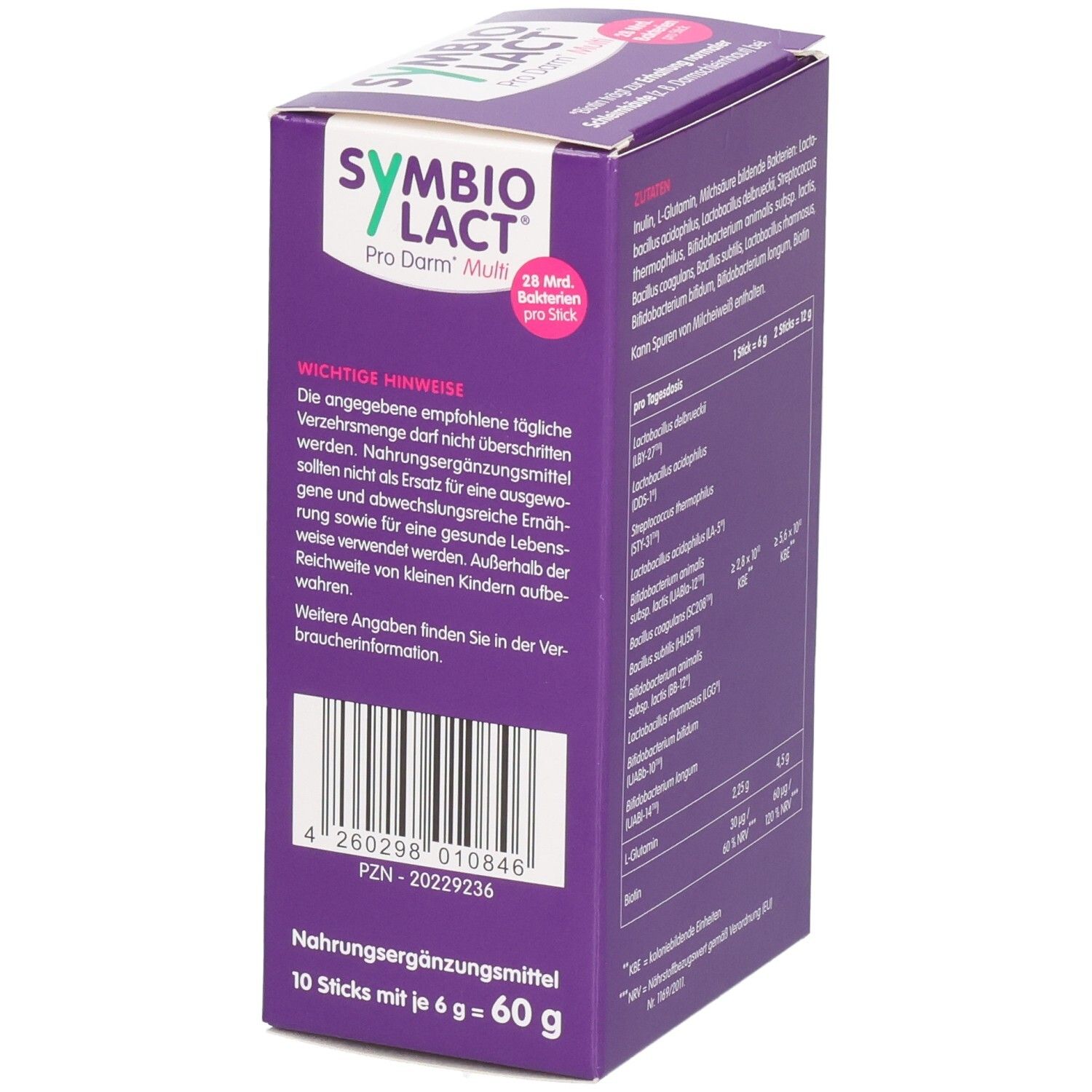 Lila Karton mit SYMBIOLACT Pro Darm Multi. Text: Wichtige Hinweise, Nahrungsergänzungsmittel. Enthält 10 Sticks mit je 6 g.