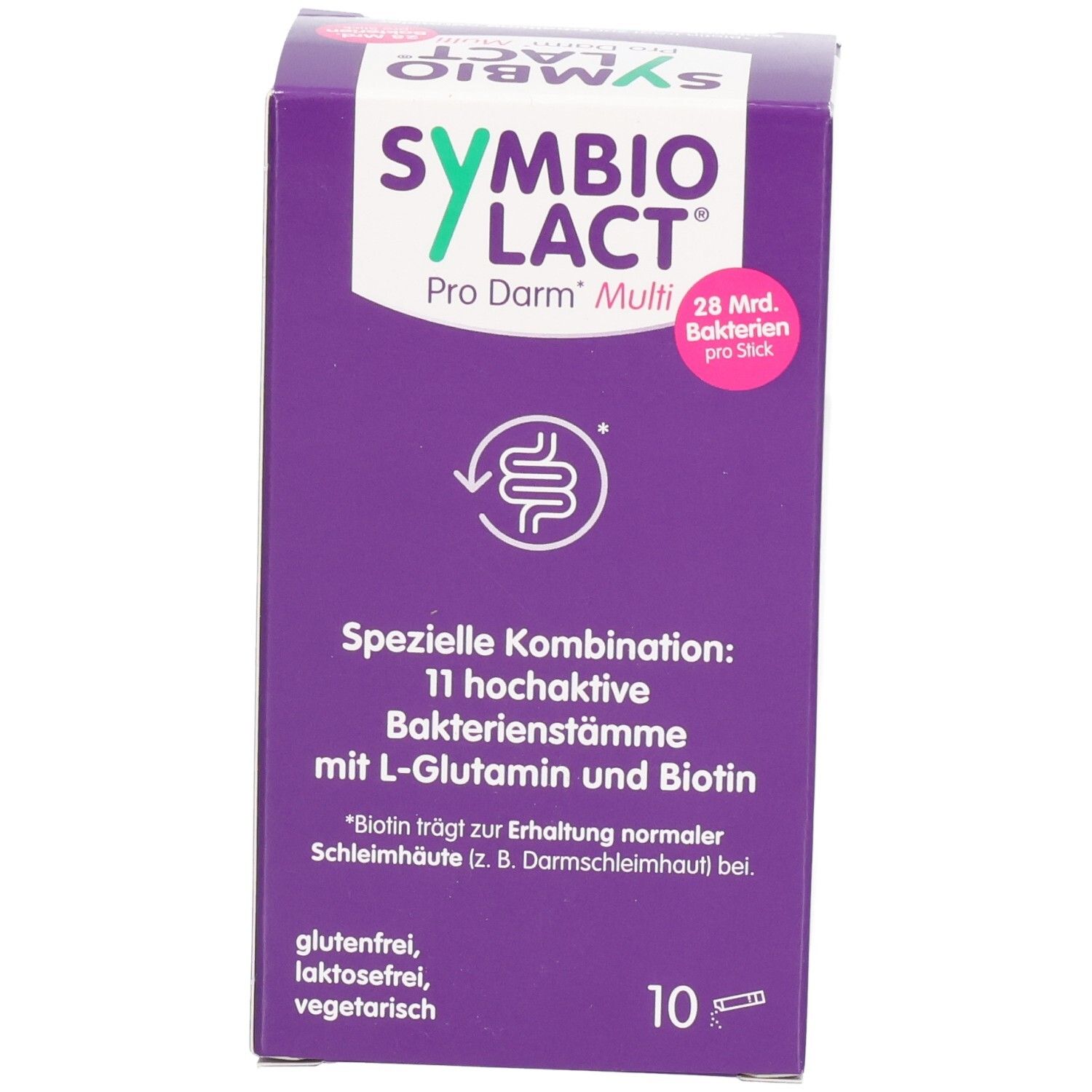 Lila Karton mit SYMBIOLACT Pro Darm Multi. Text: Spezielle Kombination: 11 hochaktive Bakterienstämme mit L-Glutamin und Biotin. Enthält 10 Sticks.