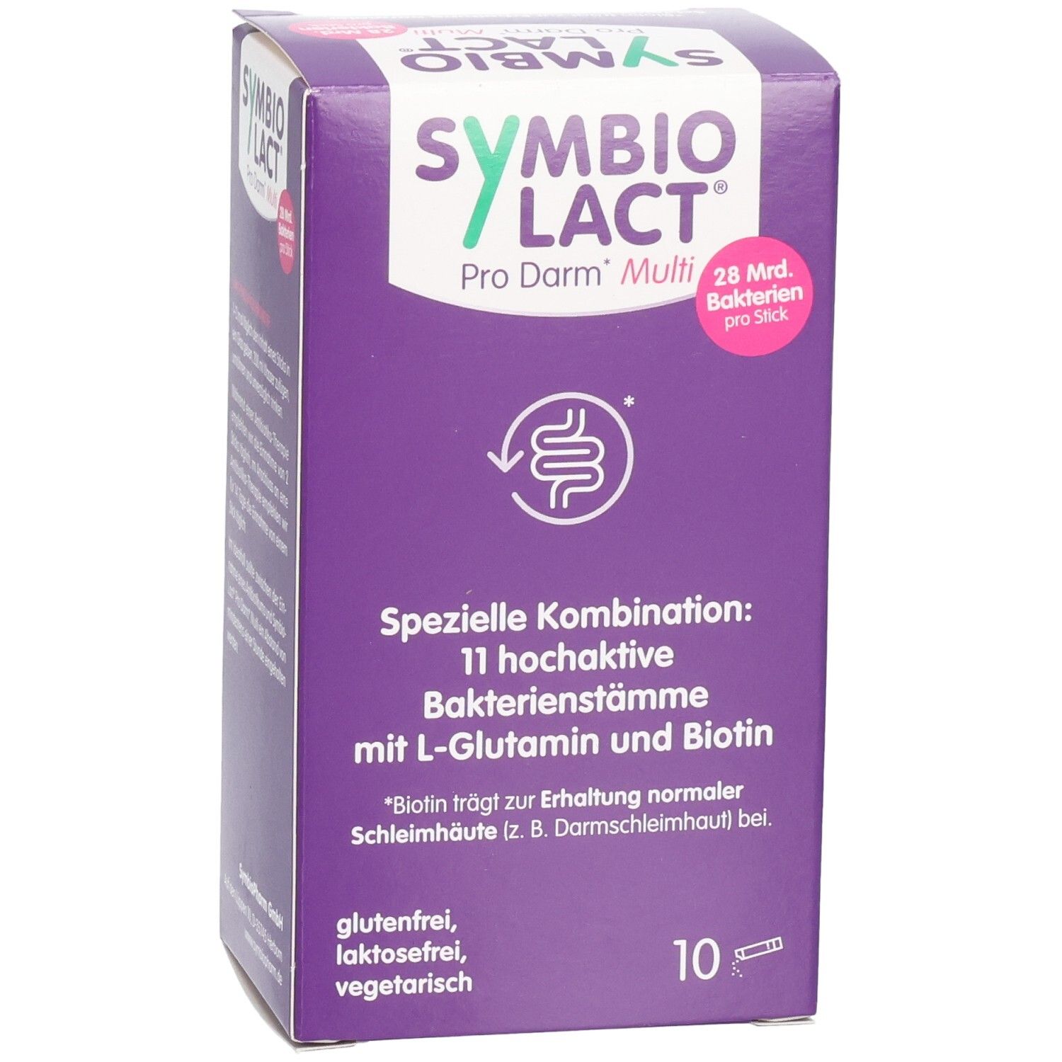 Lila Karton mit SYMBIOLACT Pro Darm Multi. Text: Spezielle Kombination: 11 hochaktive Bakterienstämme mit L-Glutamin und Biotin. Enthält 10 Sticks.