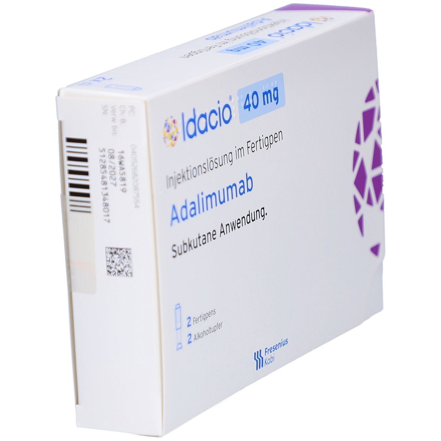 Verpackung von Idacio 40 mg. Seitenansicht mit Barcode und Produktinformationen. Weiß-lila Farbgebung.