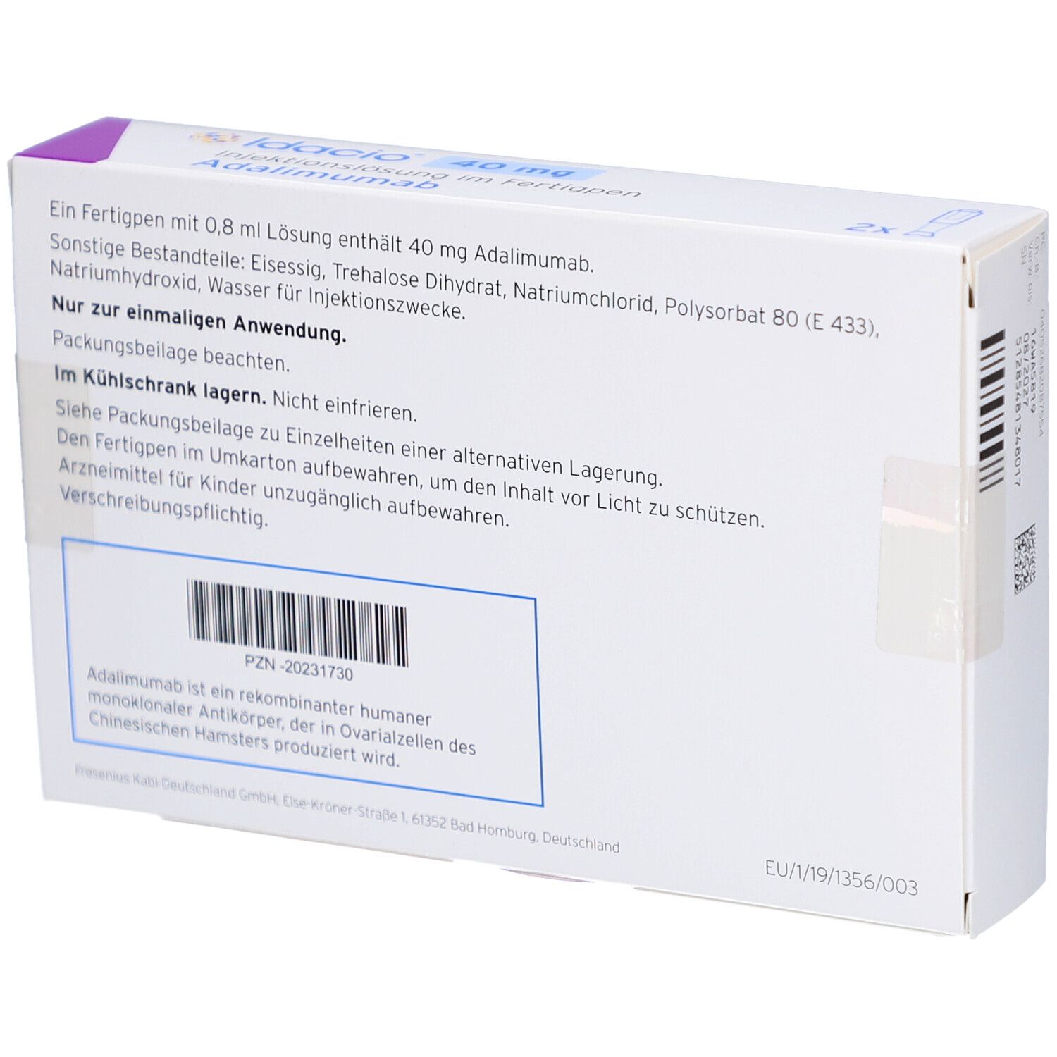 Rückseite der Idacio 40 mg Verpackung. Enthält Produktinformationen und Barcode. Weißer Hintergrund.