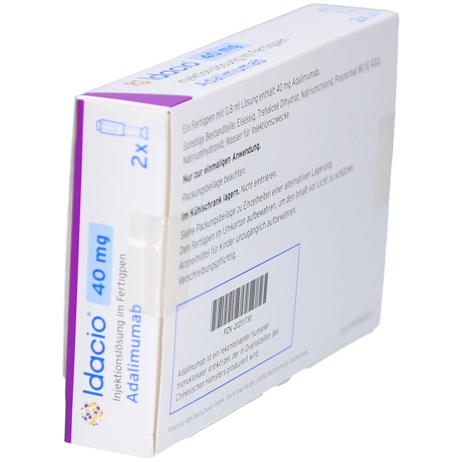 Seitenansicht der Idacio 40 mg Verpackung. Enthält Produktinformationen und Barcode. Weiß-lila Farbgebung.