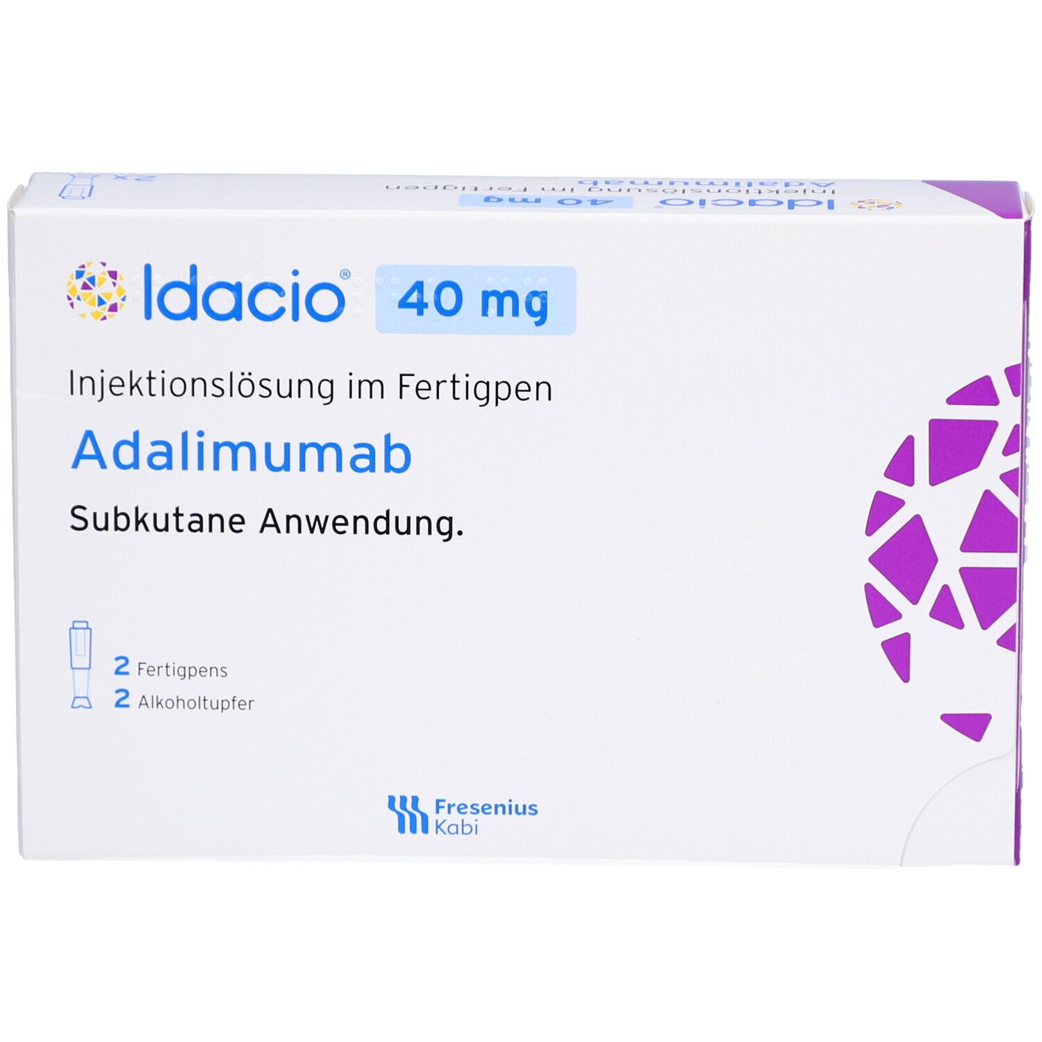 Verpackung von Idacio 40 mg Injektionslösung im Fertigpen. Enthält 2 Fertigpens und 2 Alkoholtupfer. Weiß-lila Farbgebung.