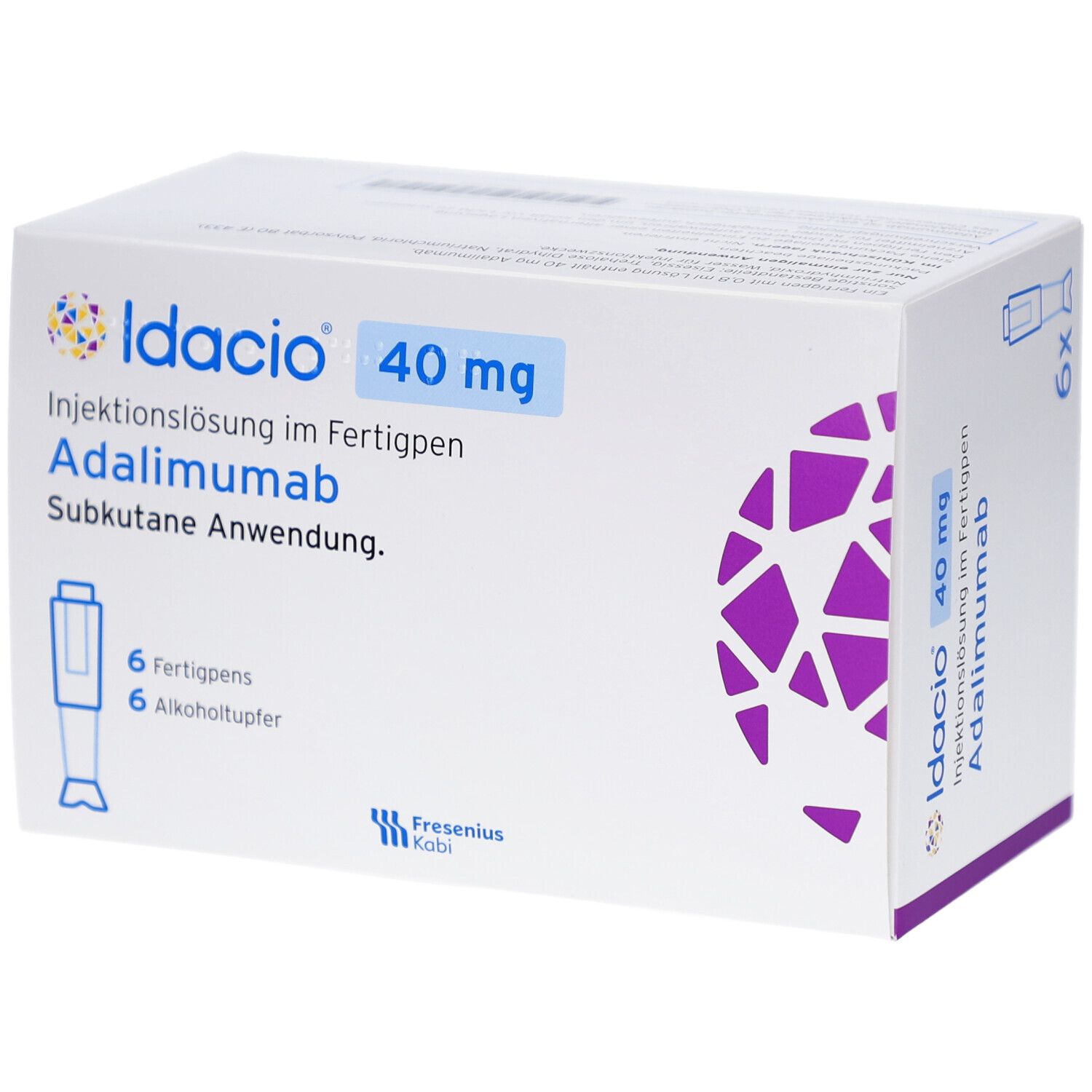Weißer Karton mit Produktinformationen. Aufschrift: Idacio 40 mg, Adalimumab. Enthält 6 Fertigpens und Alkoholtupfer. Lila Designelemente.