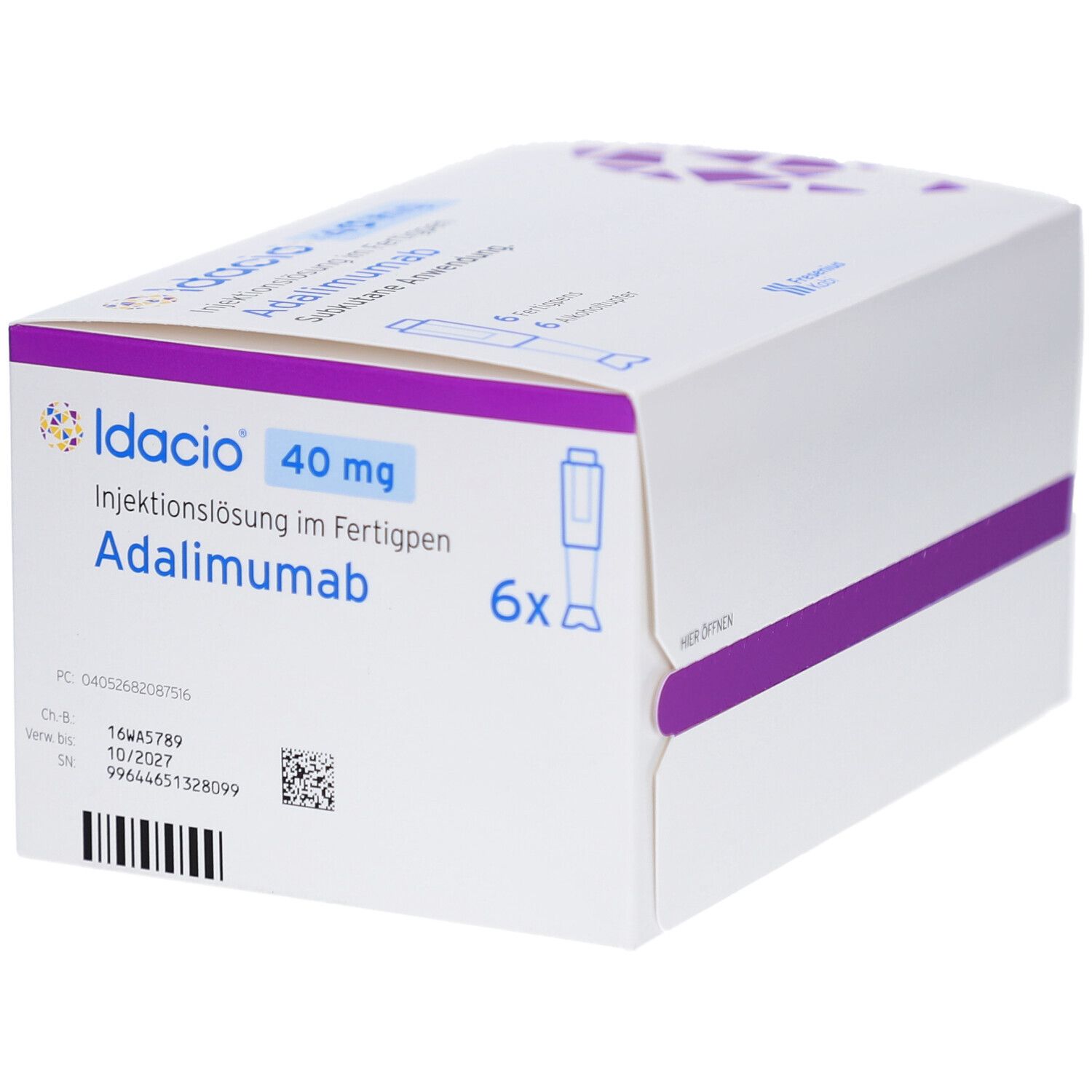Weißer Karton mit Produktinformationen. Aufschrift: Idacio 40 mg, Adalimumab. Enthält 6 Fertigpens. Lila Designelement.