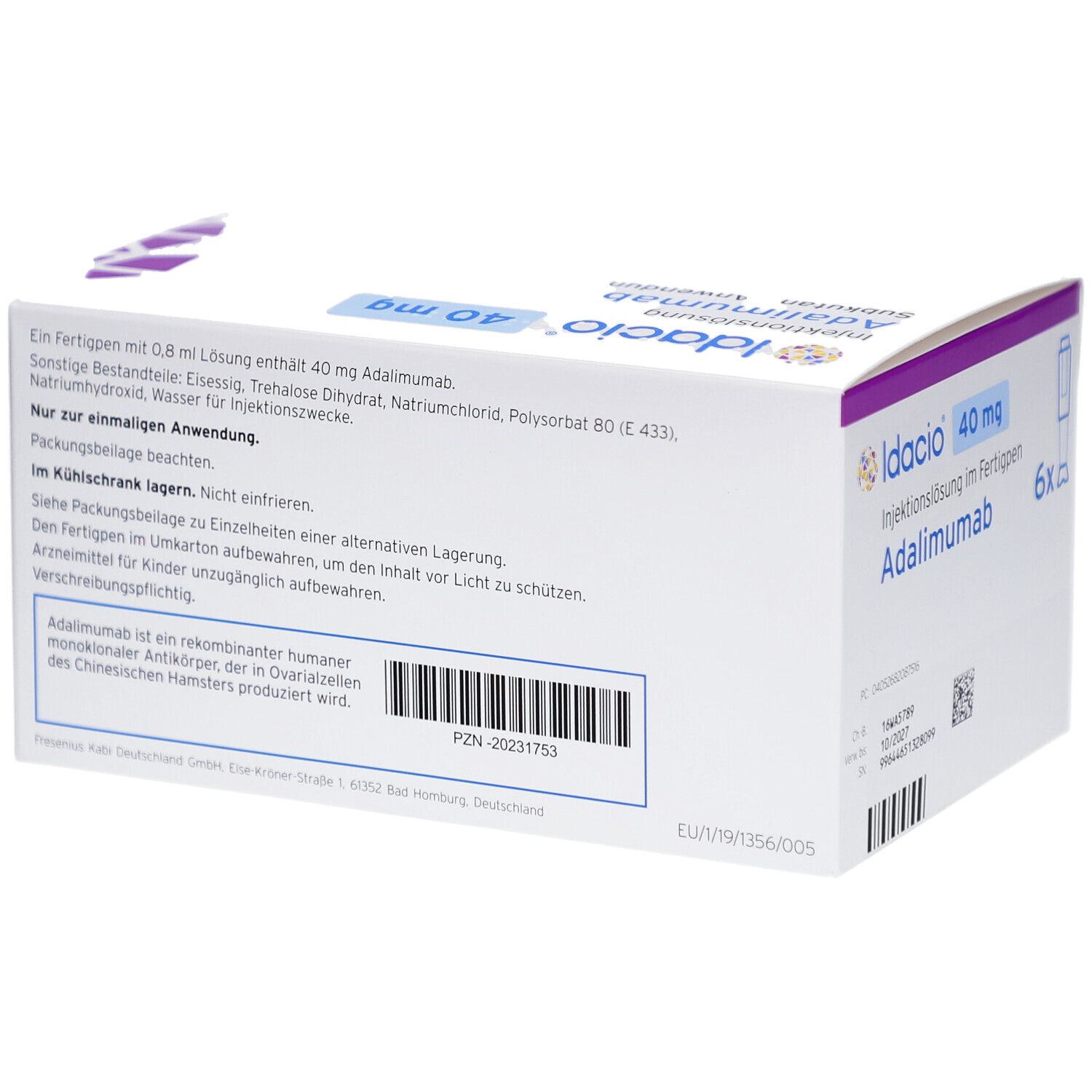 Produktverpackung mit Text. Aufschrift: Idacio 40 mg, Adalimumab. Rückseite mit Inhaltsangaben und Herstellerinformationen. Weißer Karton.