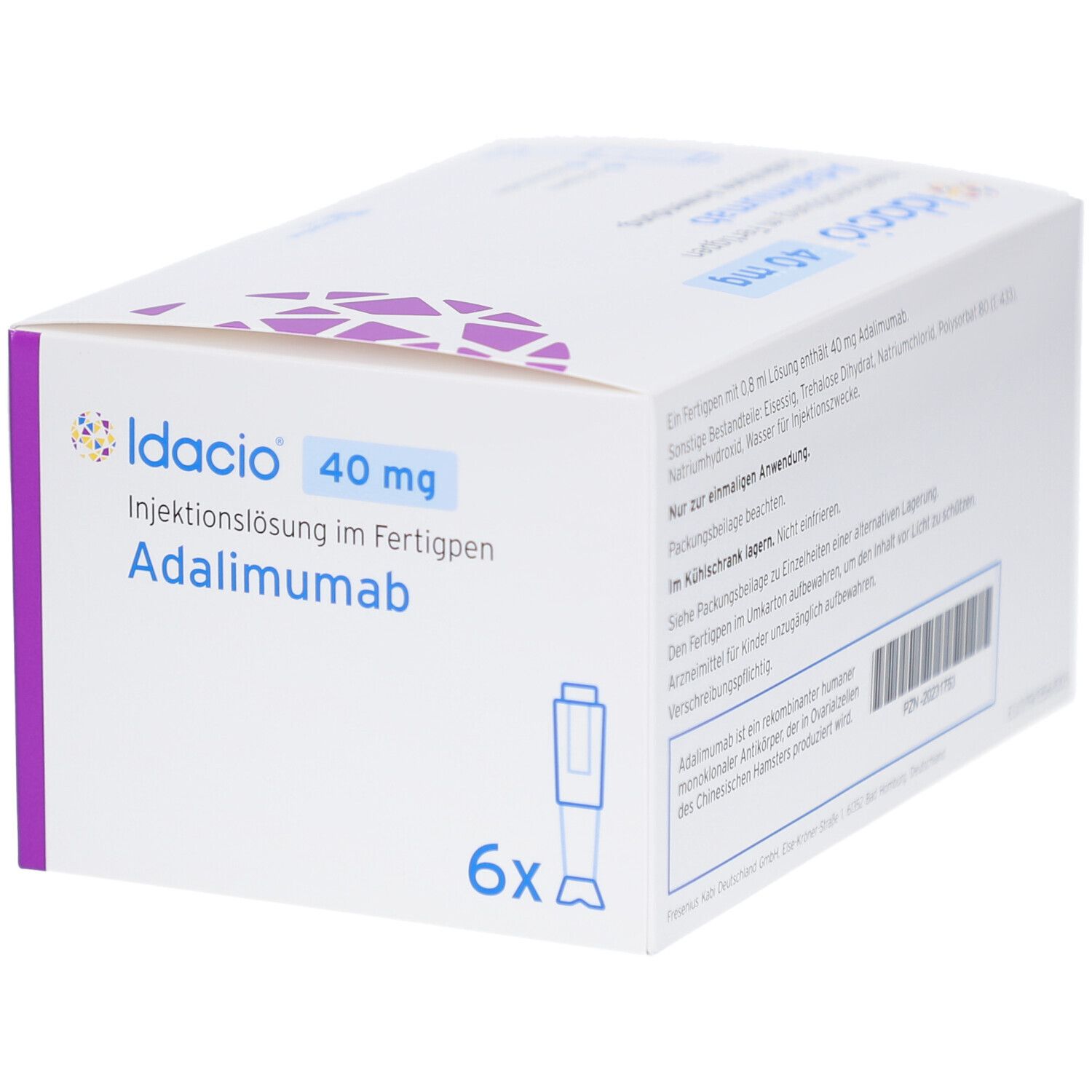 Weißer Karton mit Produktinformationen. Aufschrift: Idacio 40 mg, Adalimumab. Enthält 6 Fertigpens. Lila Designelement.