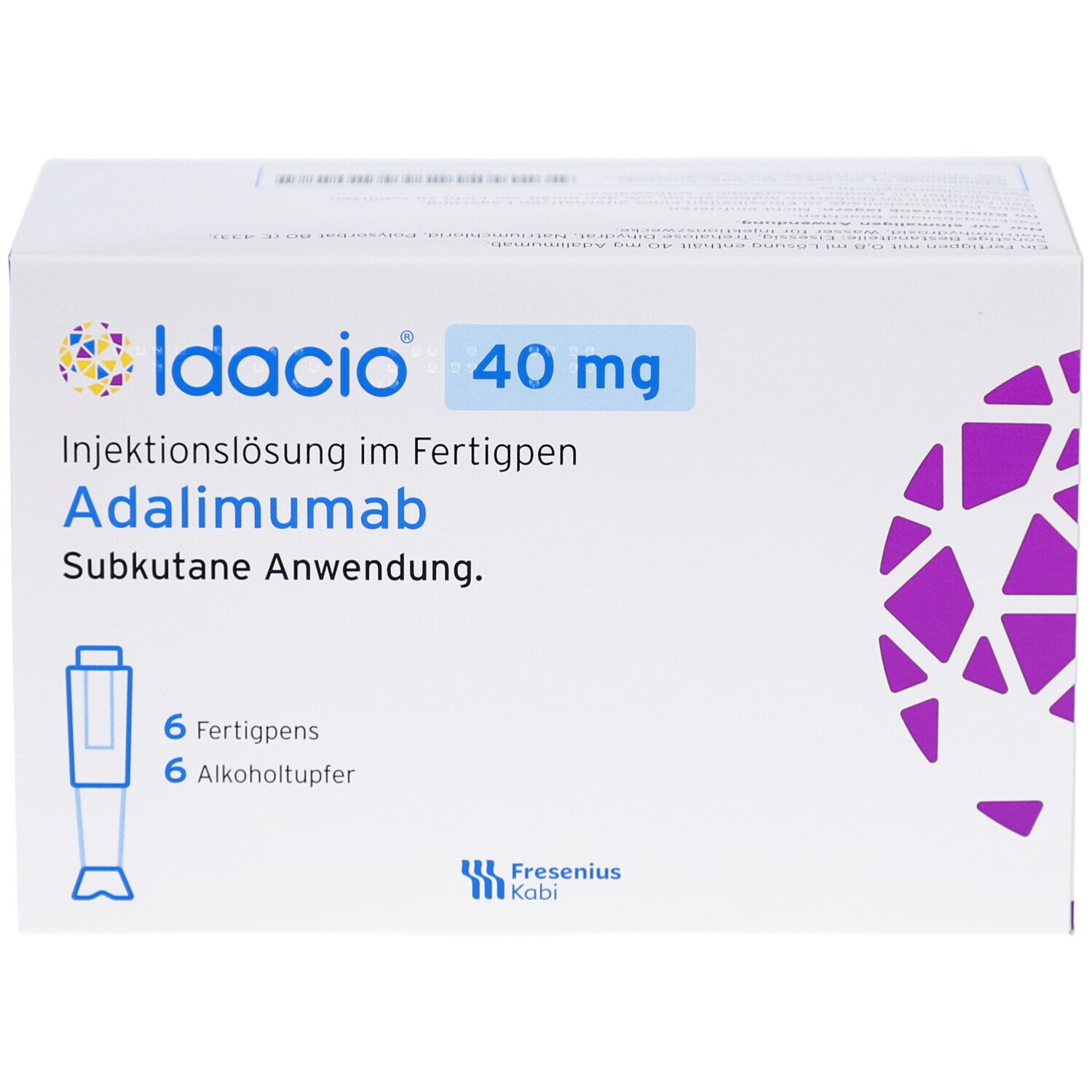 Weißer Karton mit Produktinformationen. Aufschrift: Idacio 40 mg, Adalimumab. Enthält 6 Fertigpens und Alkoholtupfer. Lila Designelemente.