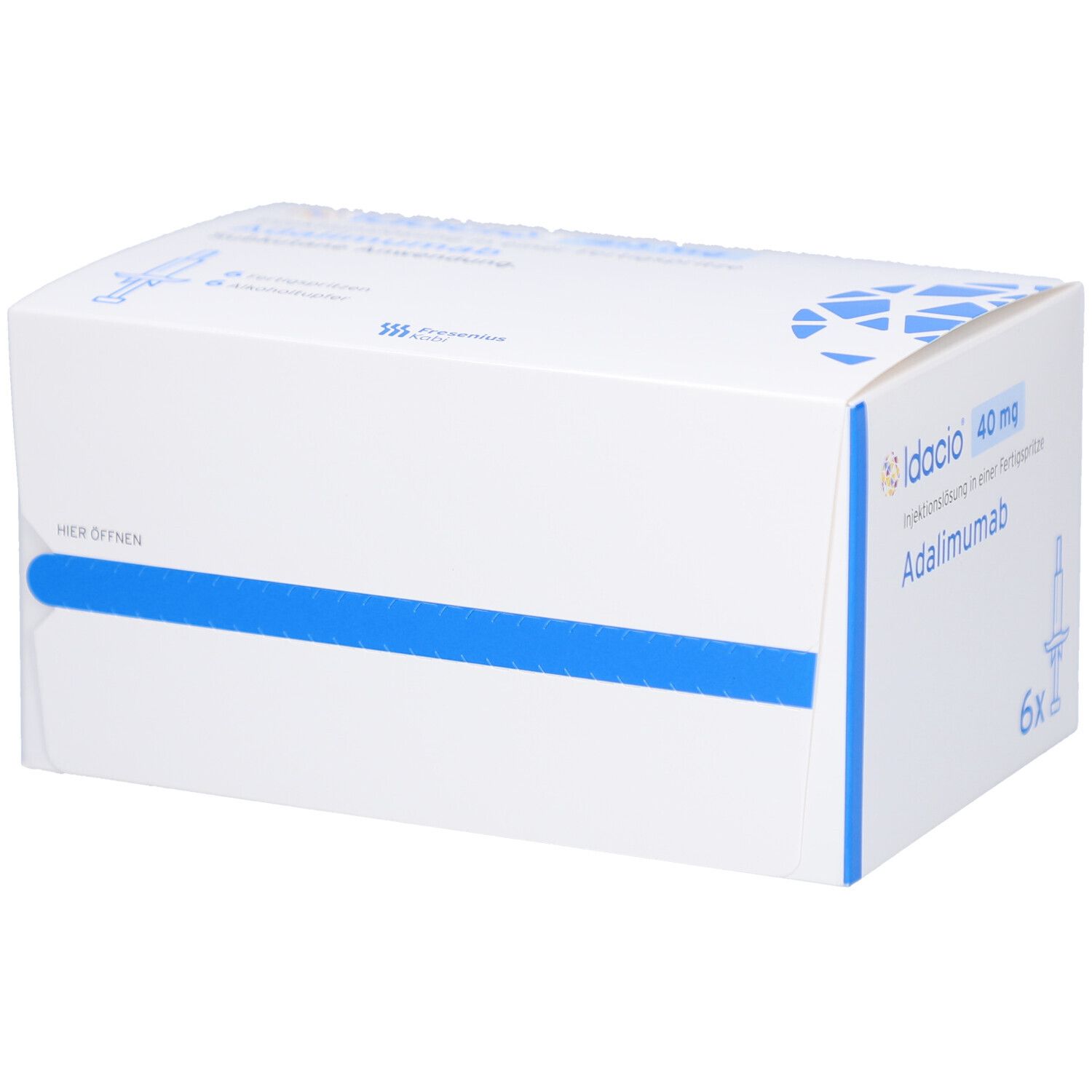 Weißer Karton mit blauem Streifen. Aufdruck: Idacio 40 mg, Adalimumab. 6 Fertigspritzen.
