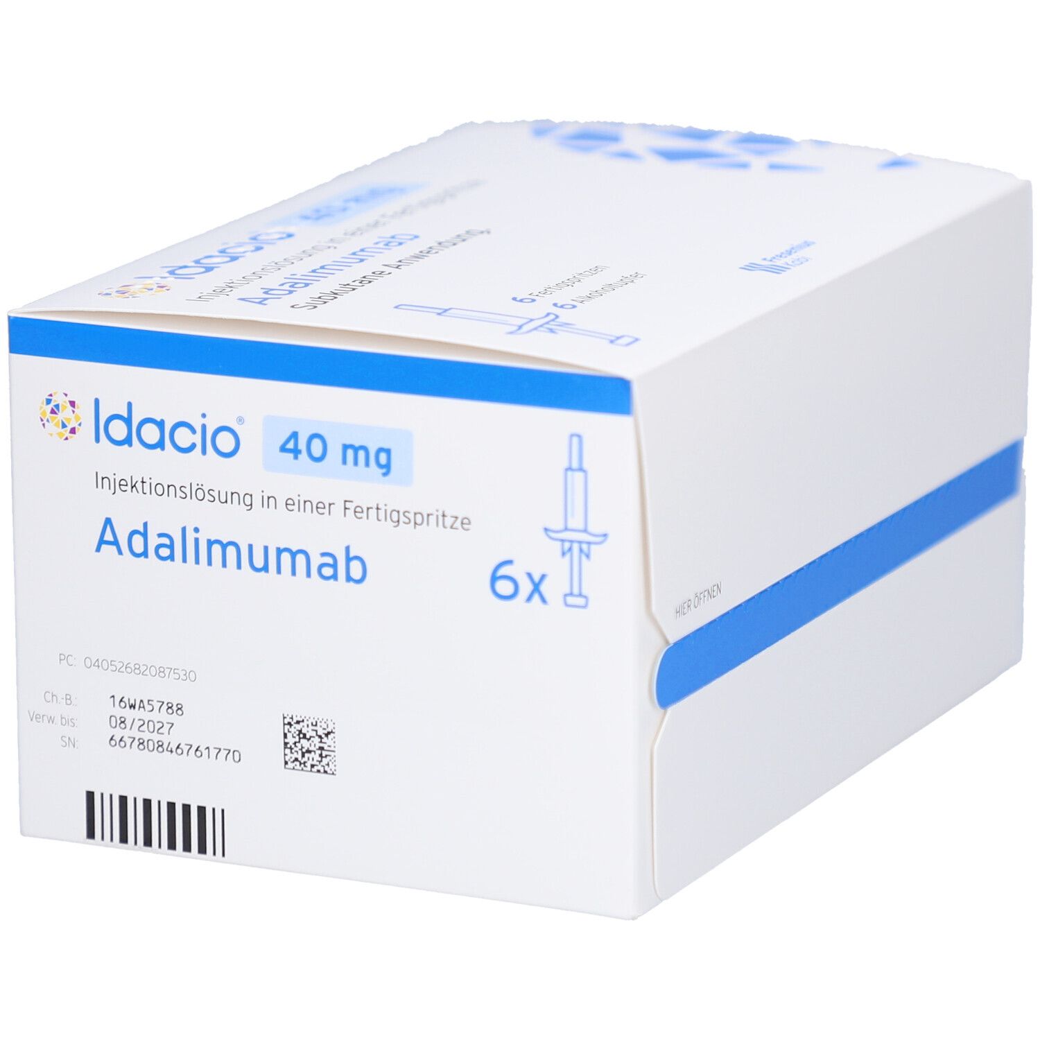 Weißer Karton mit Aufdruck: Idacio 40 mg, Adalimumab. 6 Fertigspritzen. Barcode und Chargennummer.
