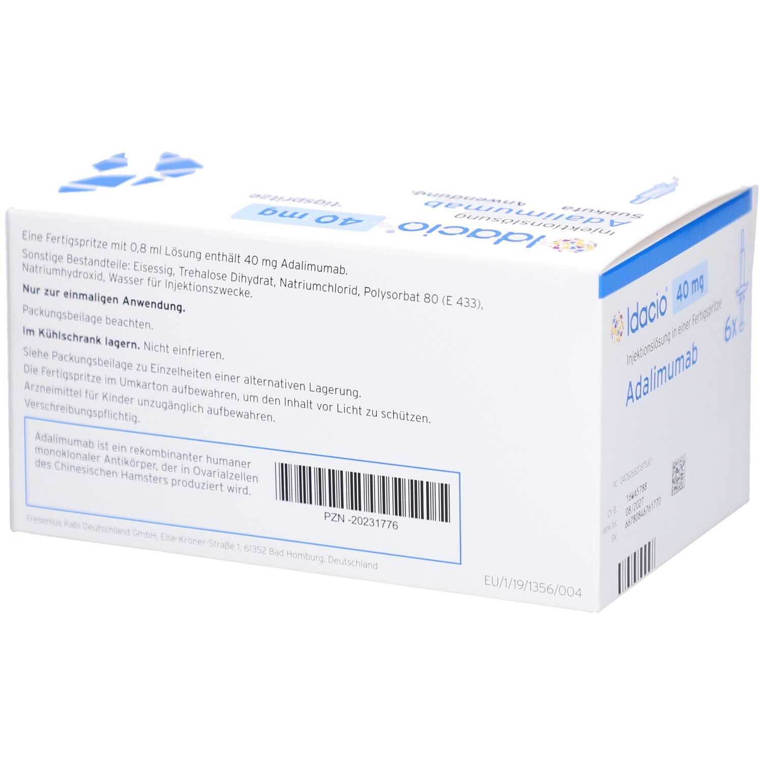 Weißer Karton mit Text. Aufdruck: Idacio 40 mg, Adalimumab. PZN-Nummer. Rückseite mit Text.