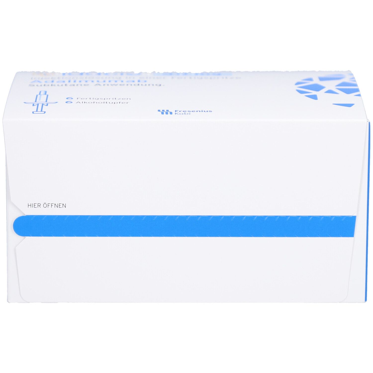 Weißer Karton mit blauem Streifen. Aufdruck: 6 Fertigspritzen, Alkohol-Tupfer. Hier öffnen.