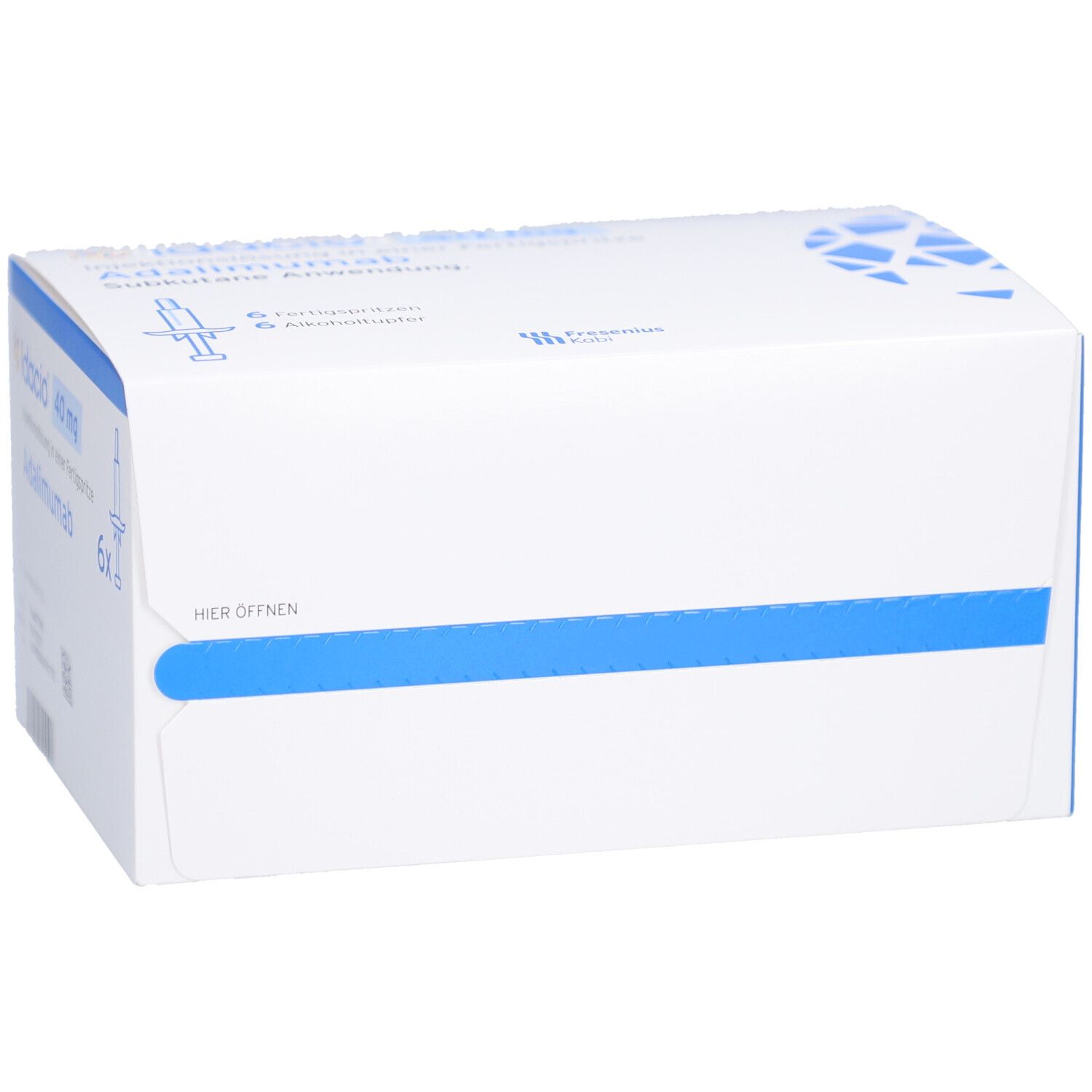 Weißer Karton mit blauem Streifen. Aufdruck: 6 Fertigspritzen, Alkohol-Tupfer. Hier öffnen.