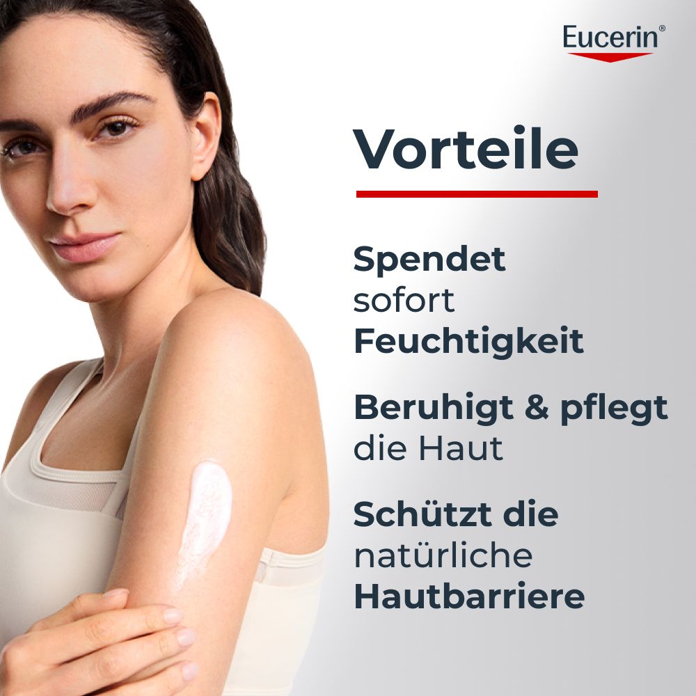 Frau mit glatter Haut, Eucerin Logo. Vorteile: Spendet Feuchtigkeit, beruhigt, schützt.
