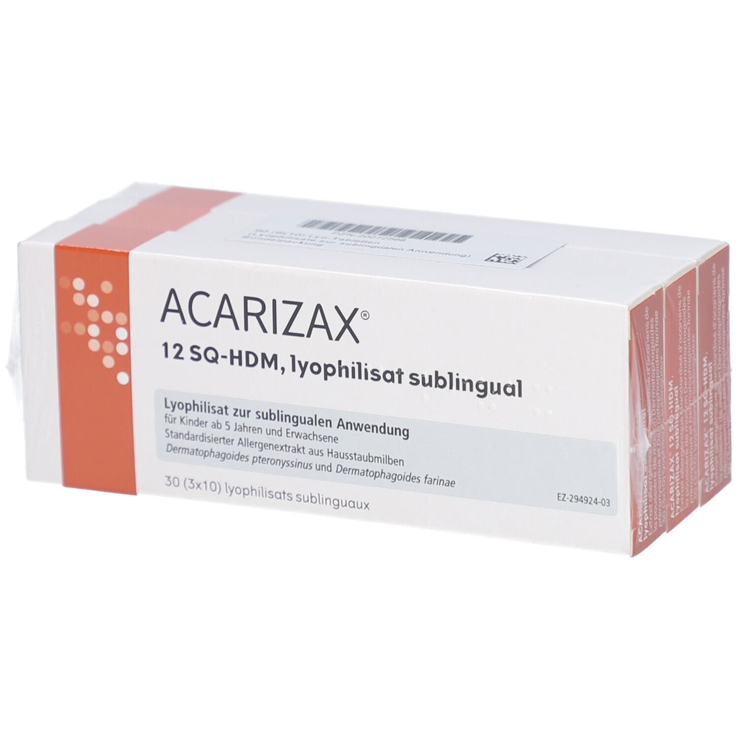 Weiße Produktverpackung mit roter Akzentfarbe. Aufschrift: ACARIZAX 12 SQ-HDM, Lyophilisat sublingual. 30 Tabletten.
