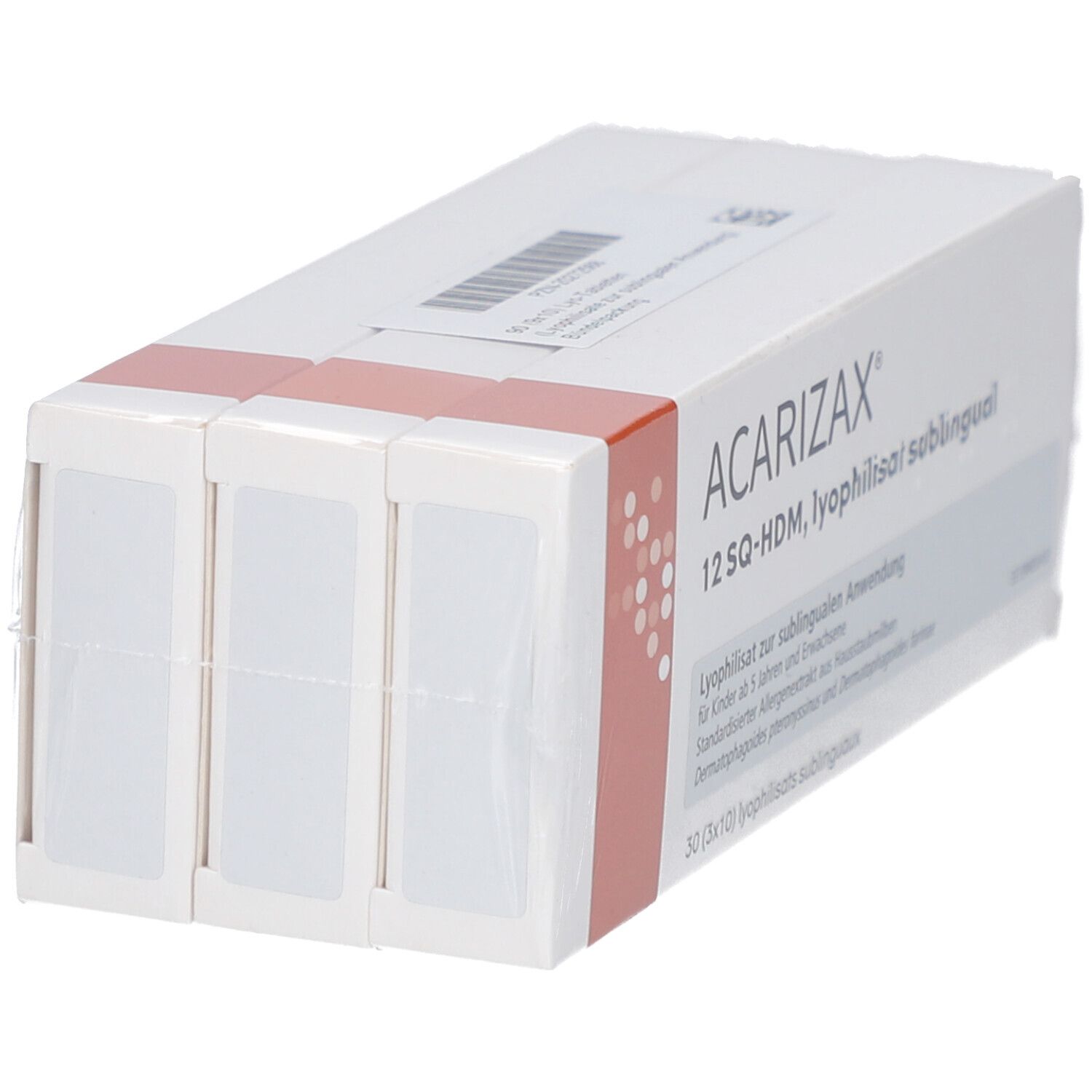 Produktverpackung mit drei kleineren Packungen. Aufschrift: ACARIZAX 12 SQ-HDM, Lyophilisat sublingual. In Folie verpackt.