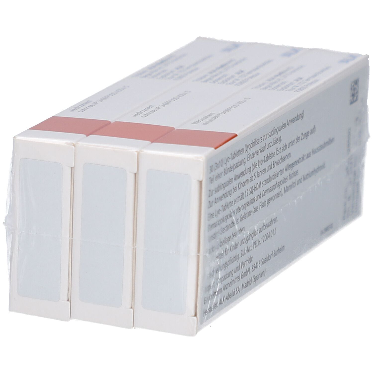 Produktverpackung mit drei kleineren Packungen. In Folie verpackt. Rückseite mit Text. Rote Akzentfarbe.