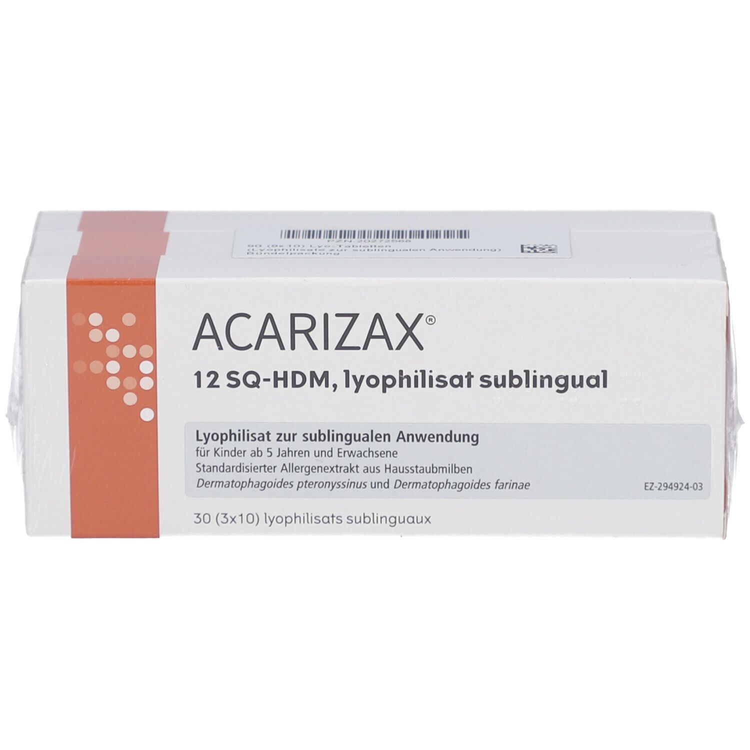 Weiße Produktverpackung mit roter Akzentfarbe. Aufschrift: ACARIZAX 12 SQ-HDM, Lyophilisat sublingual. 30 Tabletten.
