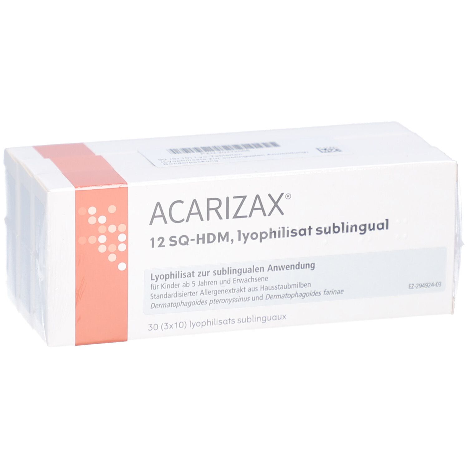 Weiße Produktverpackung mit roter Akzentfarbe. Aufschrift: ACARIZAX 12 SQ-HDM, Lyophilisat sublingual. 30 Tabletten.