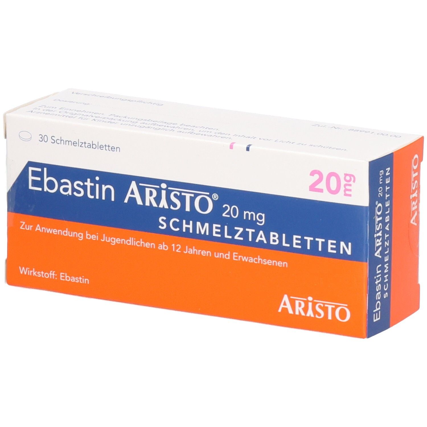 Schachtel mit EBASTIN Aristo 20 mg Schmelztabletten. Weiß, blau und orangefarben. Text: 20 mg, Aristo, Schmelztabletten.